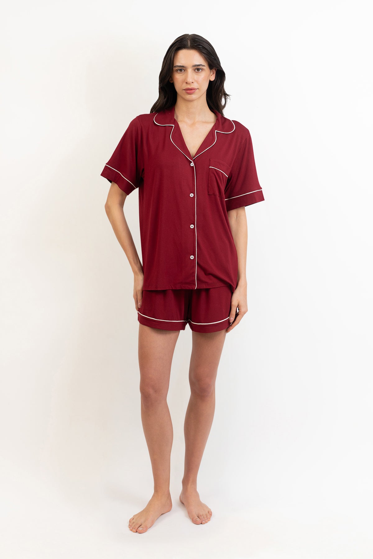 Women’s Bamboo Short-Sleeve Pajama Short Set-Merlot