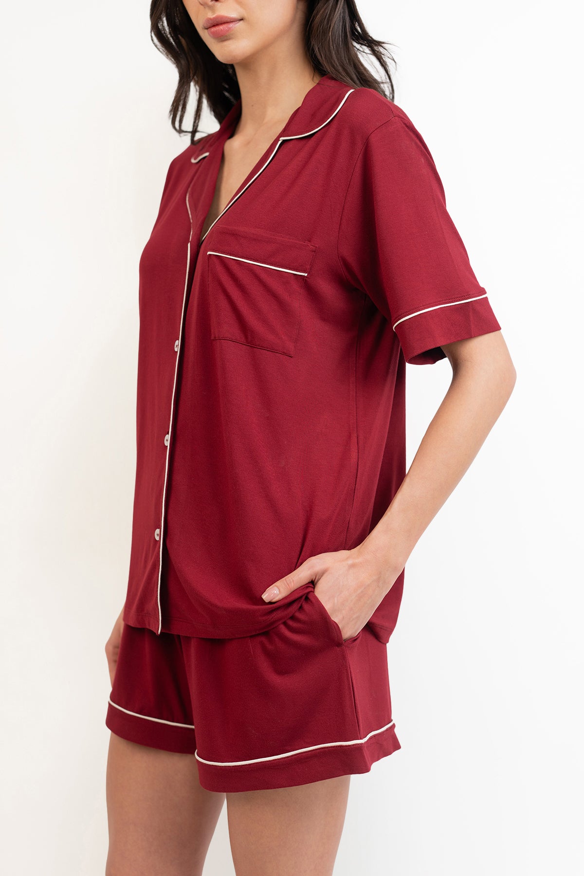 Women’s Bamboo Short-Sleeve Pajama Short Set-Merlot
