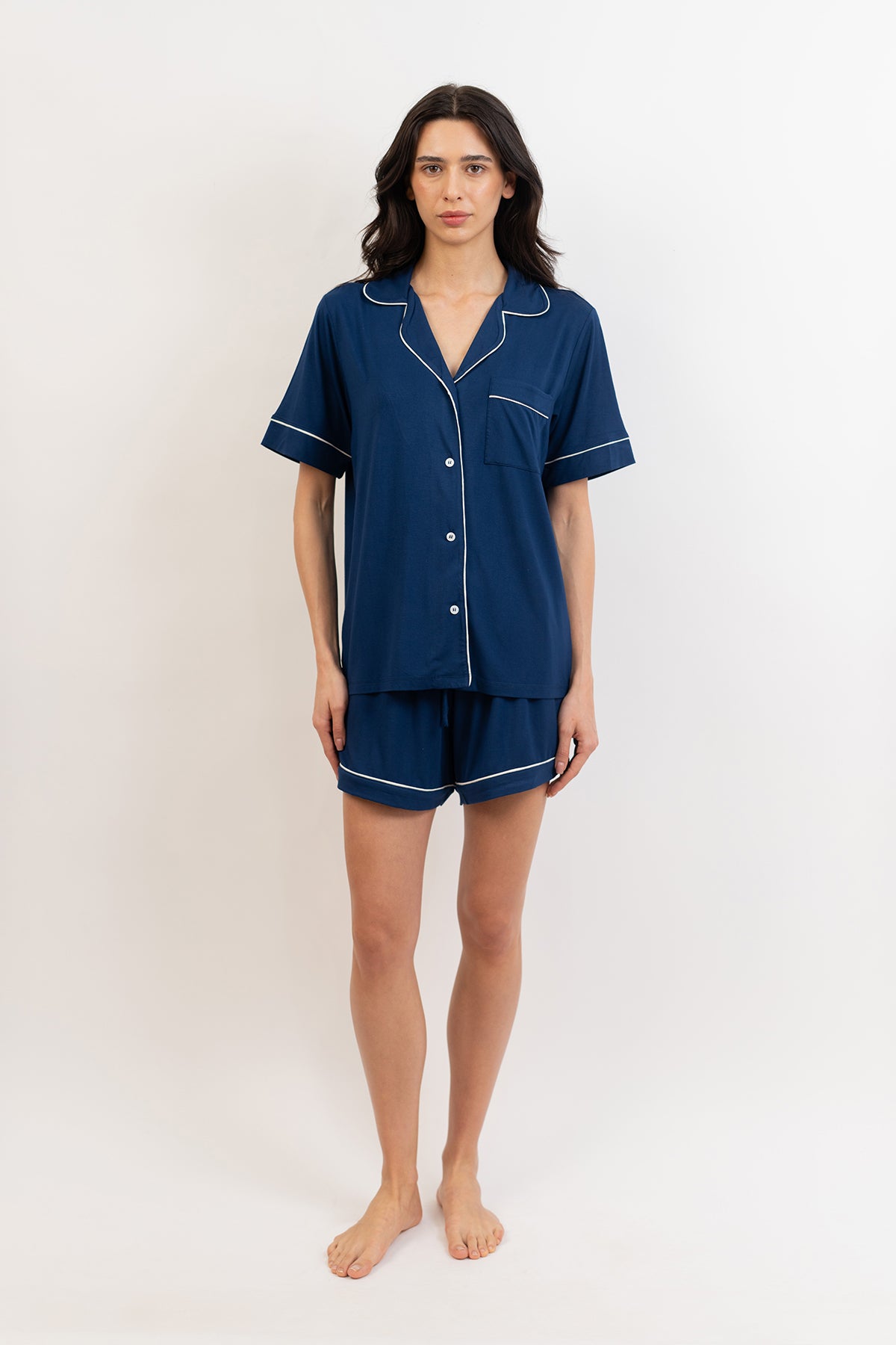 Women’s Bamboo Short-Sleeve Pajama Short Set-Navy