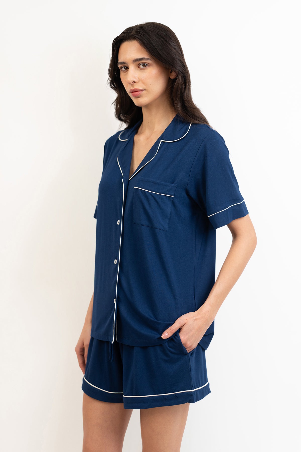 Women’s Bamboo Short-Sleeve Pajama Short Set-Navy