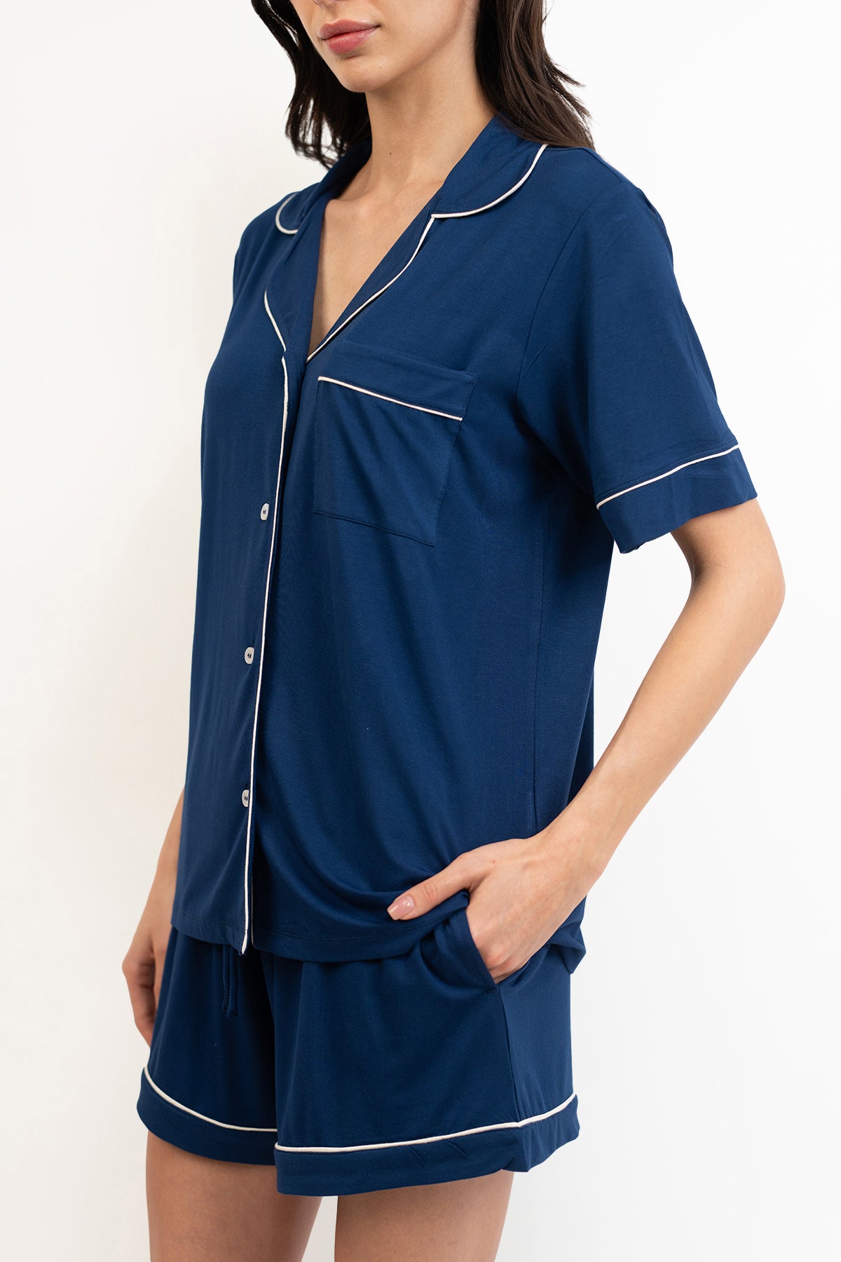 Women’s Bamboo Short-Sleeve Pajama Short Set-Navy