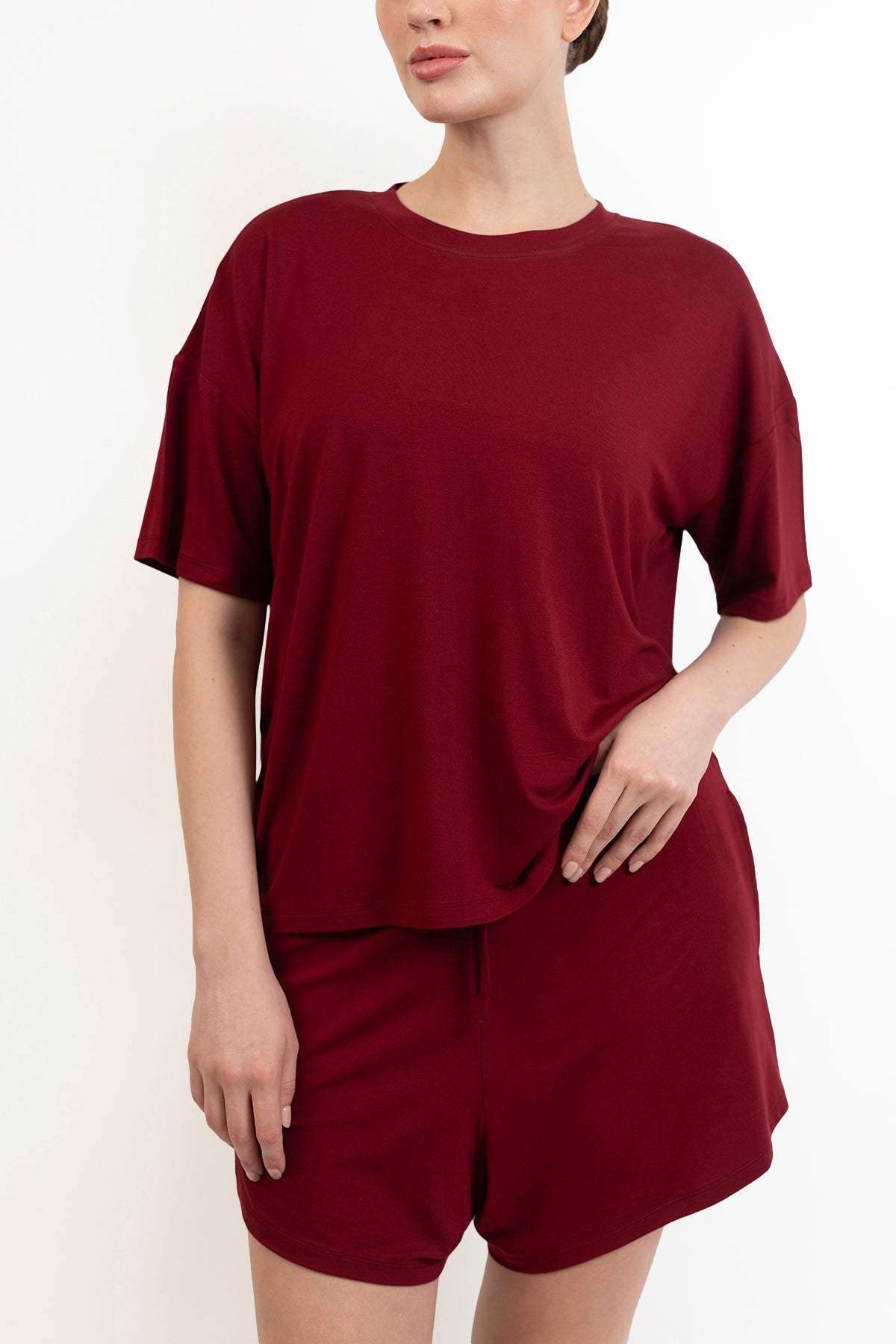 Women’s Bamboo Short-Sleeve Tee & lounge Short Set-Merlot