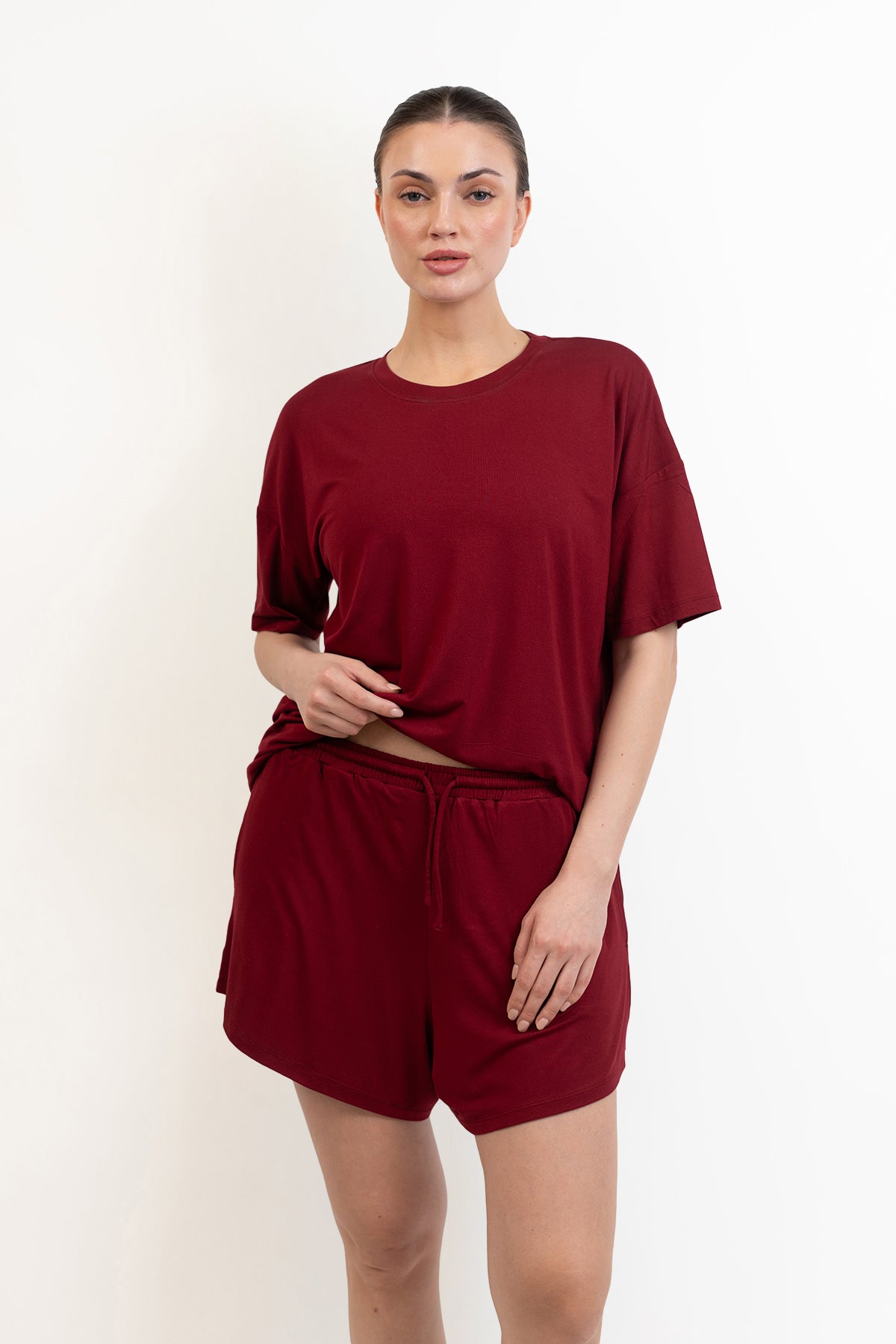 Women’s Bamboo Short-Sleeve Tee & lounge Short Set-Merlot