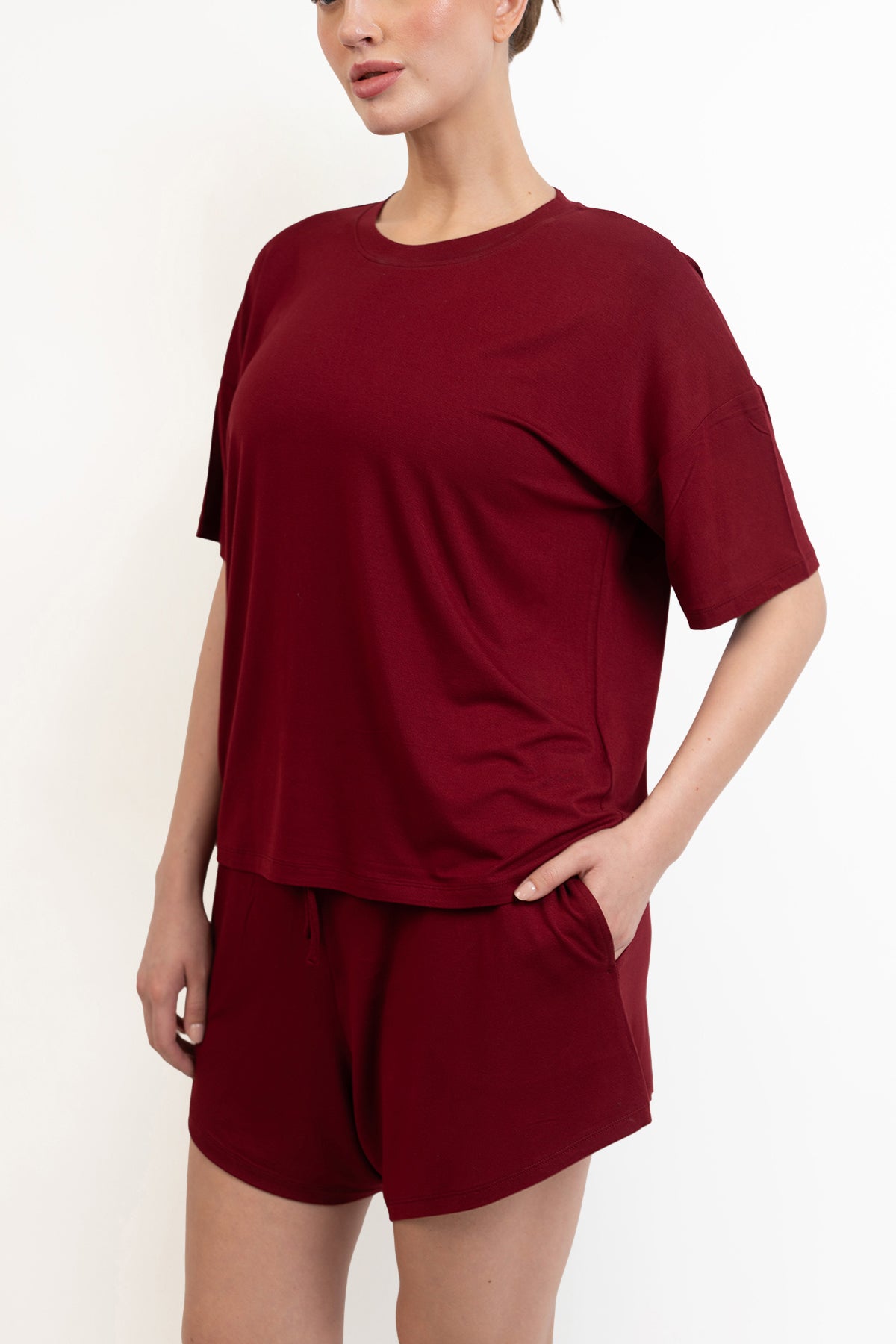 Women’s Bamboo Short-Sleeve Tee & lounge Short Set-Merlot