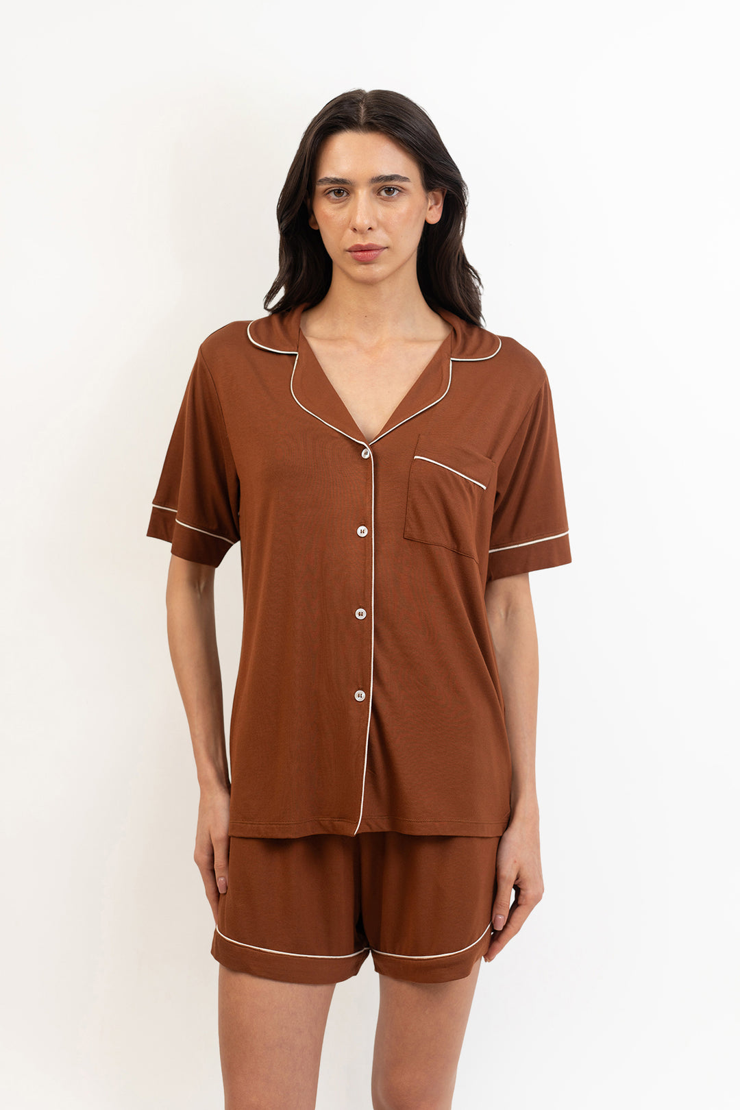 Women’s Bamboo Short-Sleeve Pajama Short Set-Chocolate