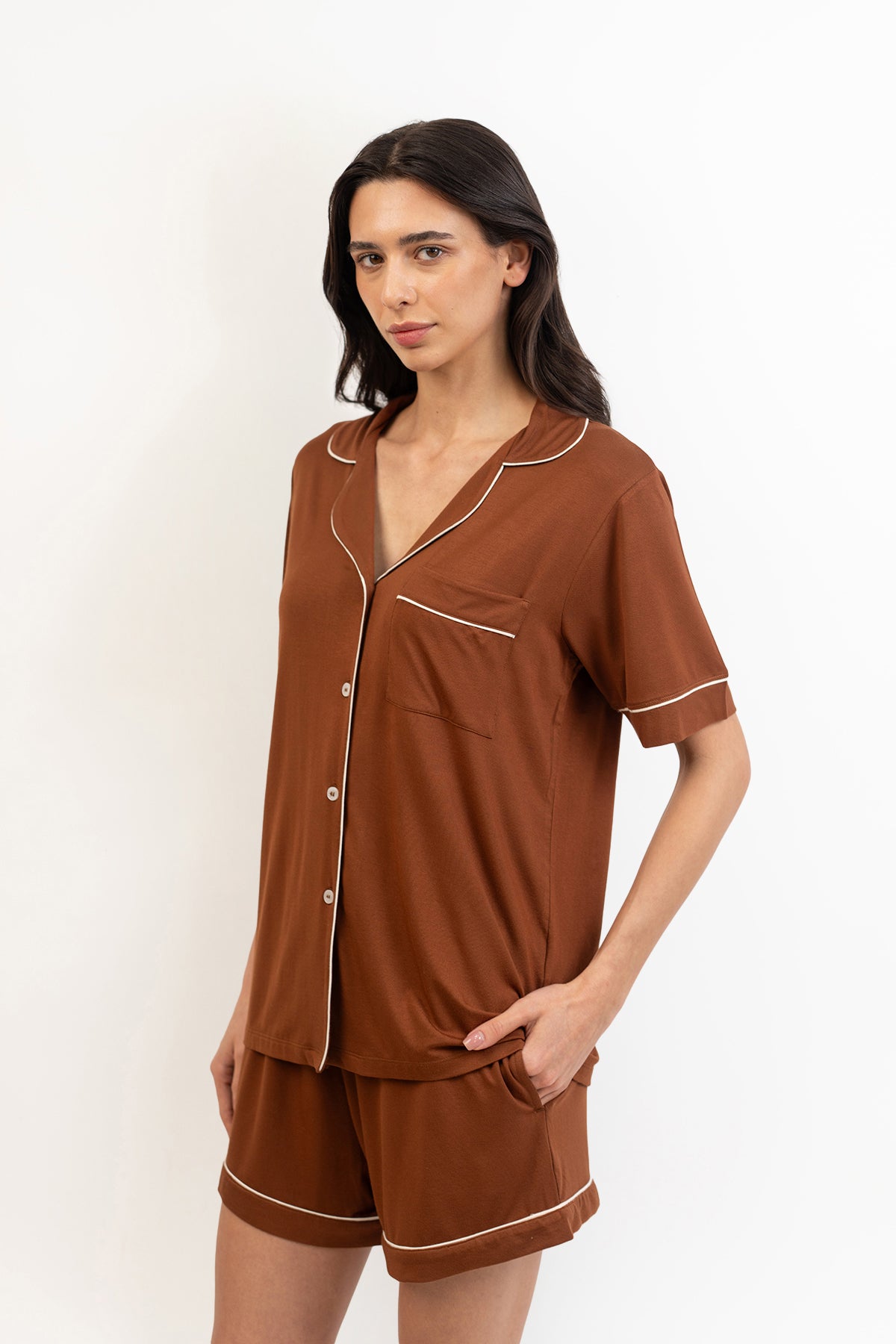 Women’s Bamboo Short-Sleeve Pajama Short Set-Chocolate
