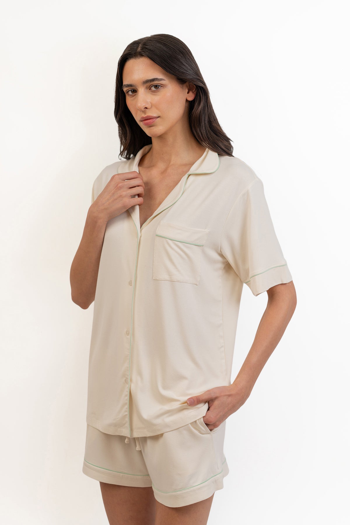 Women’s Bamboo Short-Sleeve Pajama Short Set-Cream
