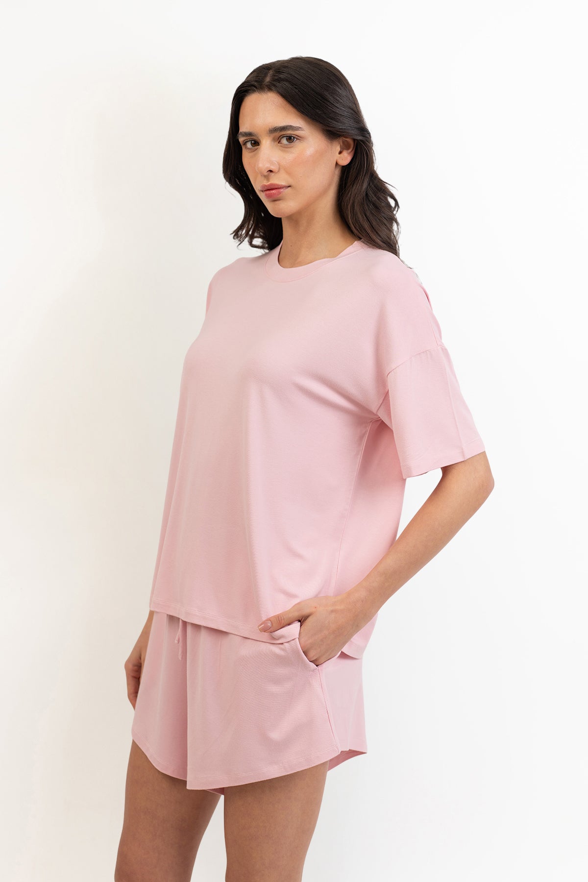 Women’s Bamboo Short-Sleeve Tee & lounge Short Set-Pink