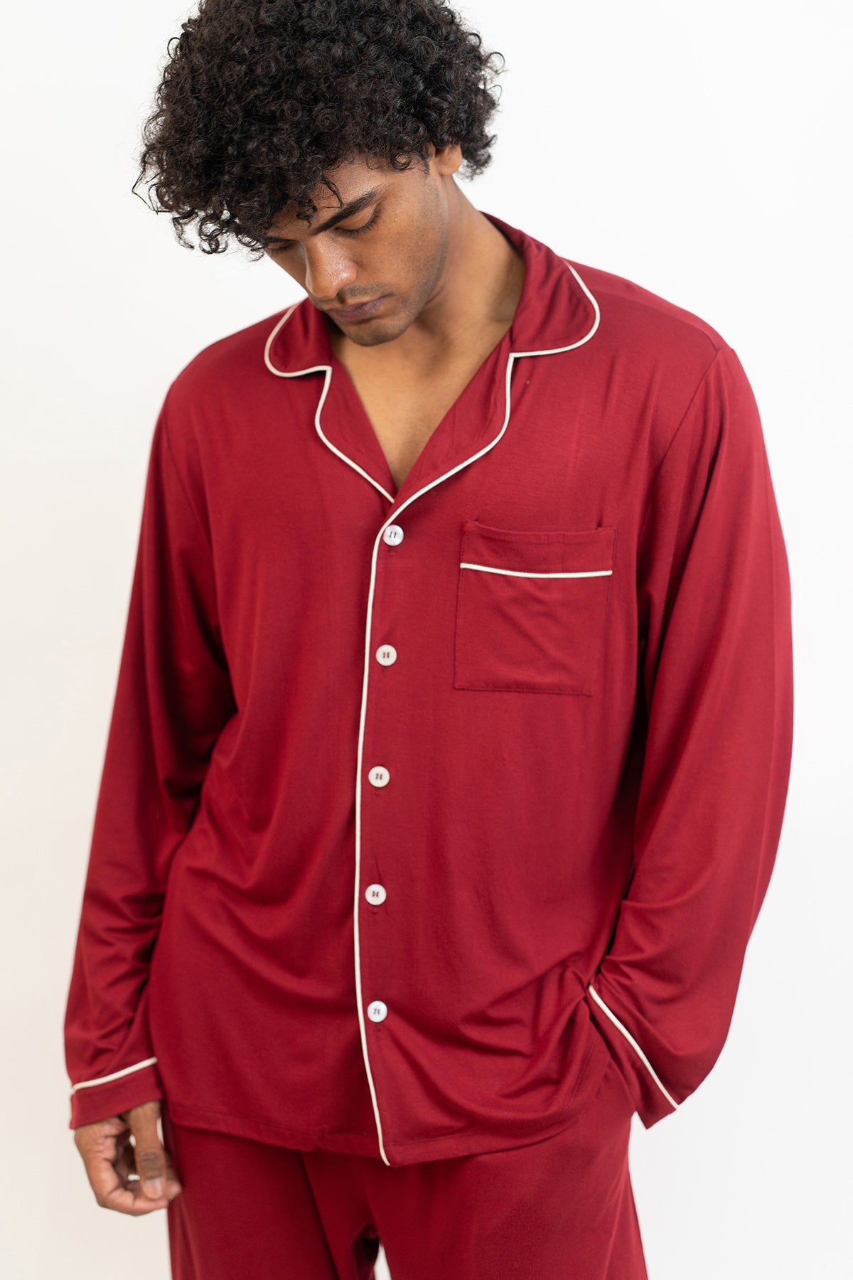 Men's long sleeves button down Pajama set-Merlot