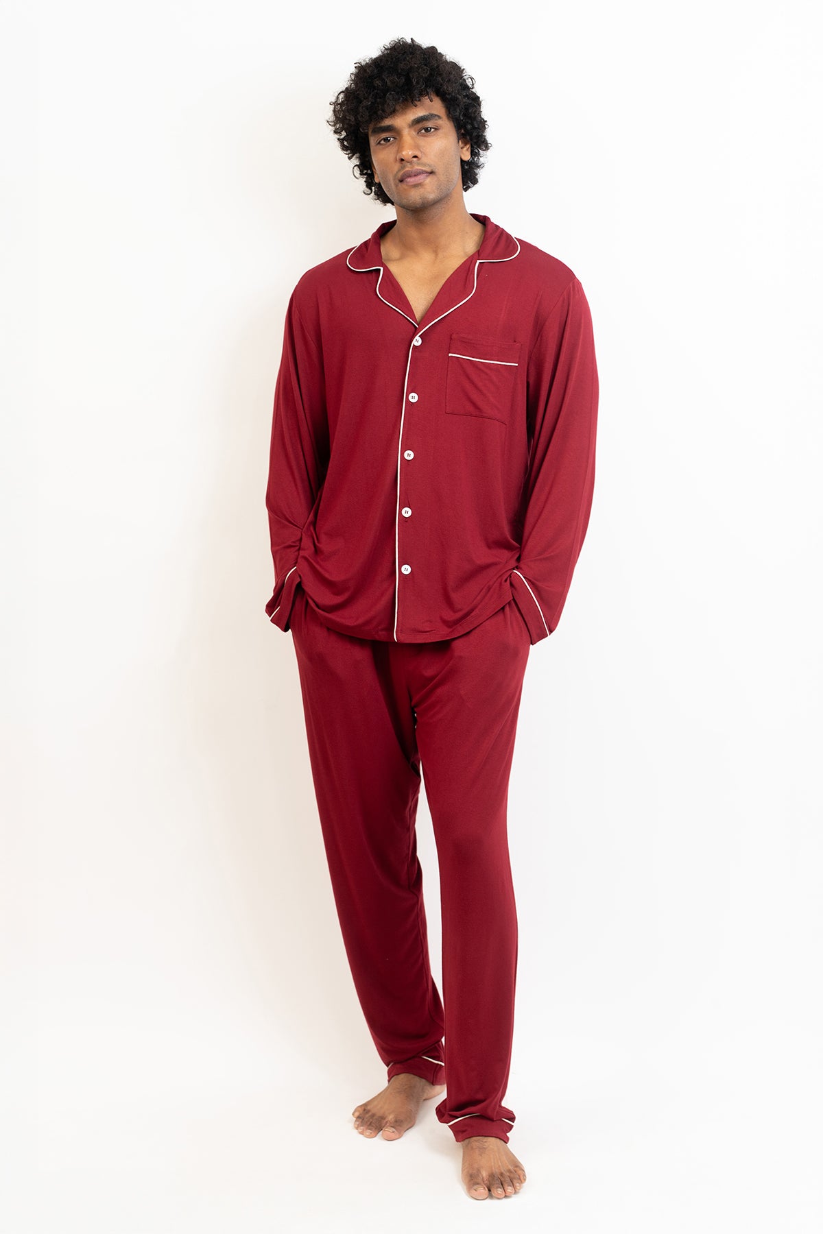 Men's long sleeves button down Pajama set-Merlot