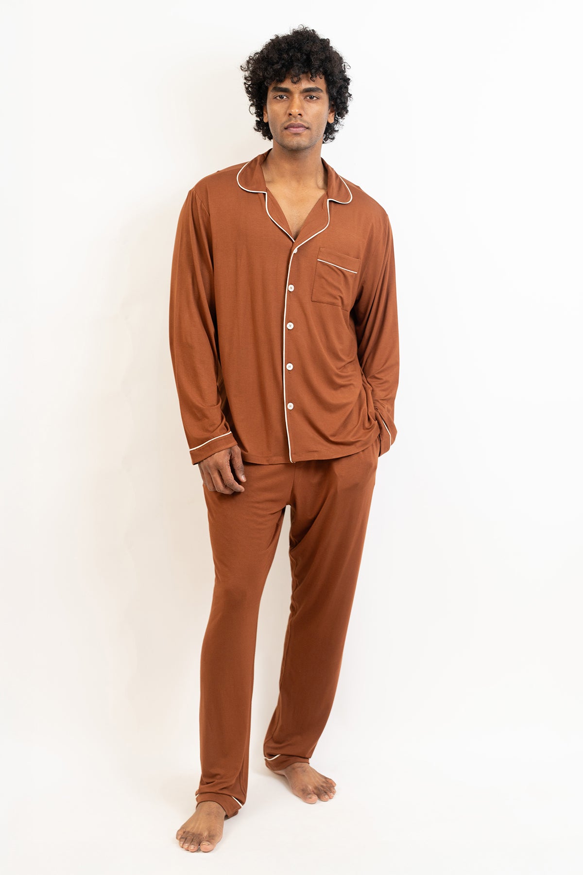Men's long sleeves button down Pajama set-Chocolate
