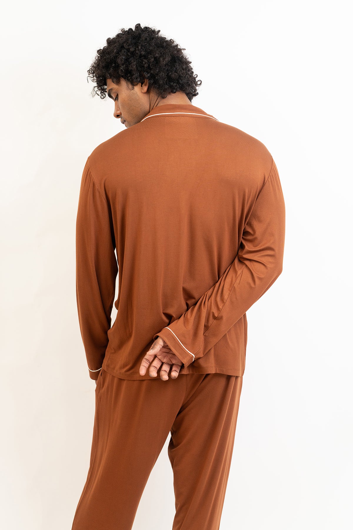 Men's long sleeves button down Pajama set-Chocolate