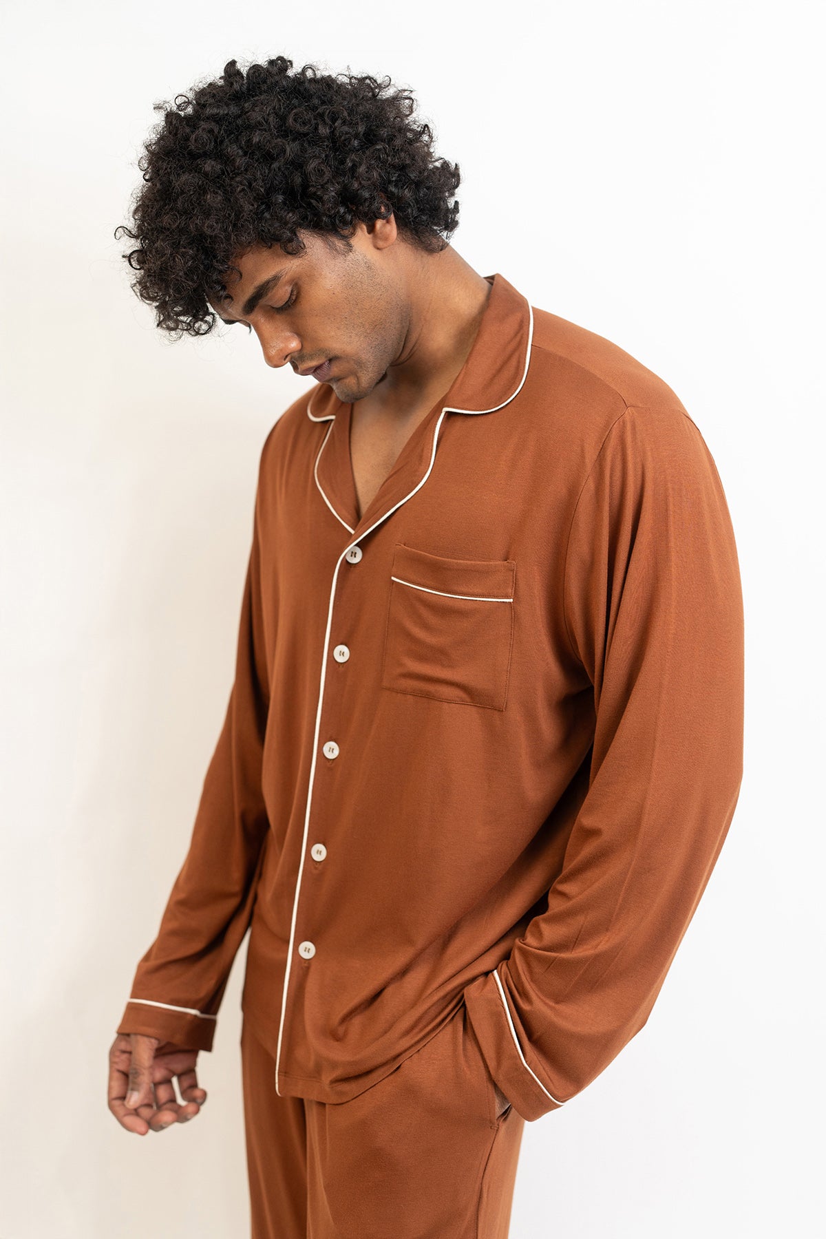 Men's long sleeves button down Pajama set-Chocolate