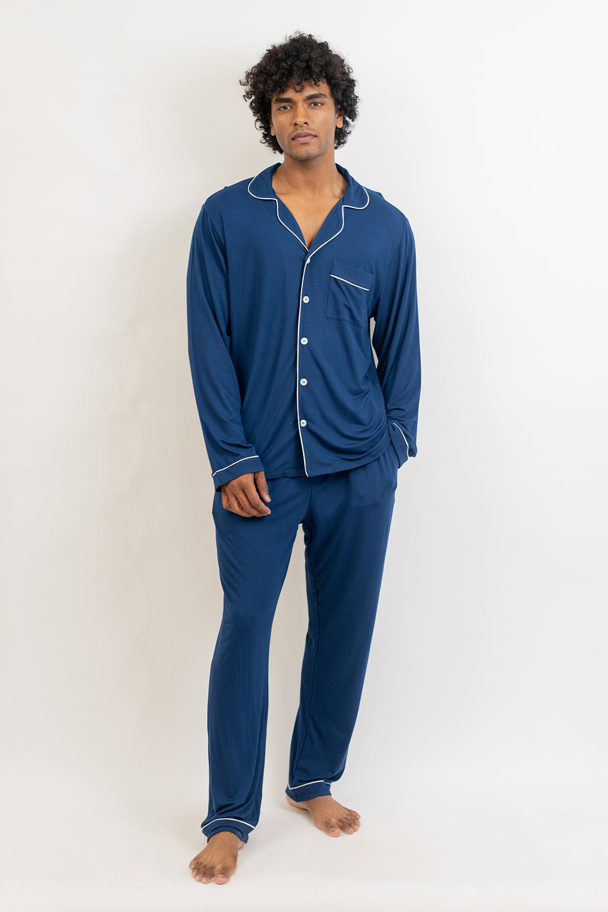 Men's long sleeves button down Pajama set-Navy