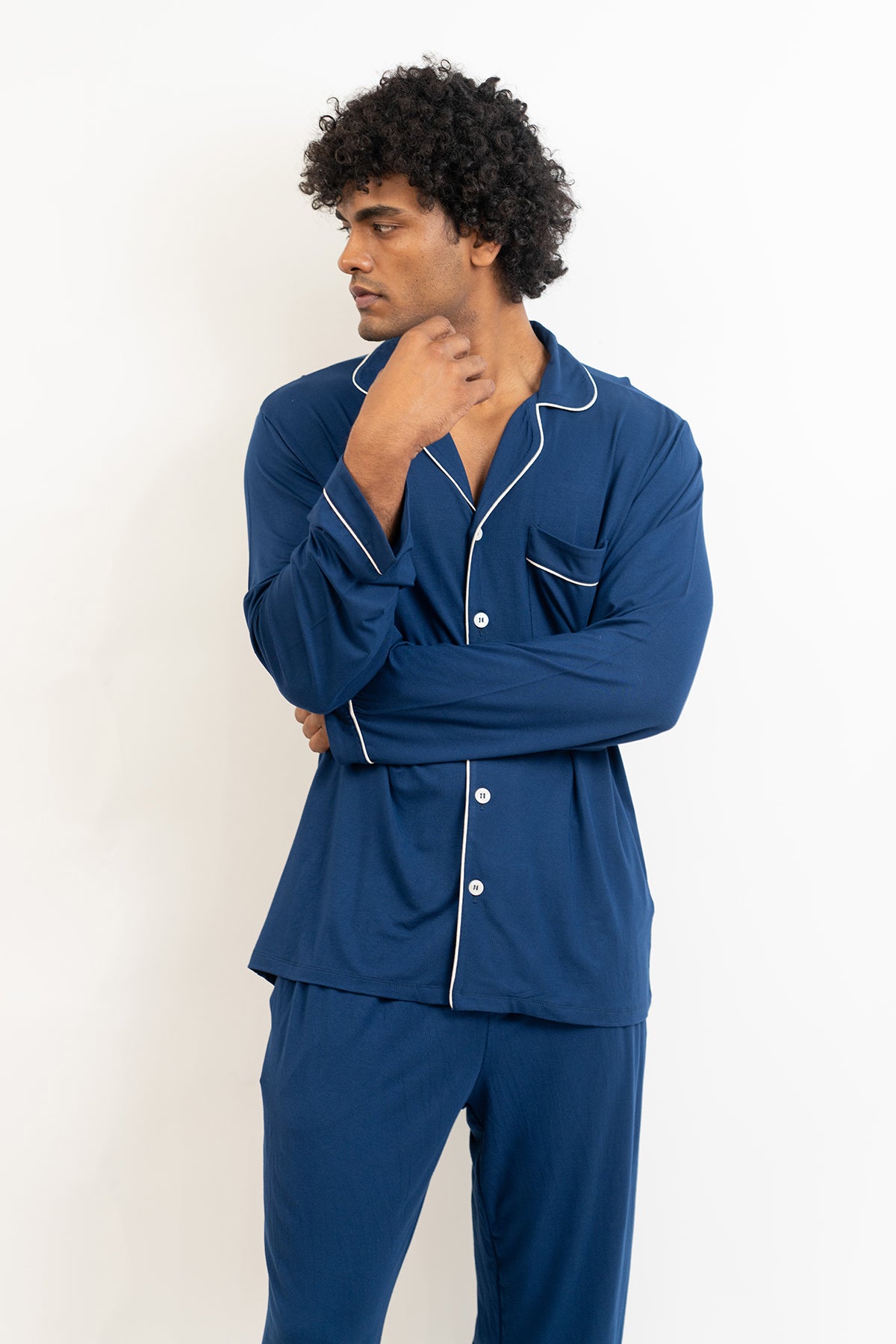 Men's long sleeves button down Pajama set-Navy