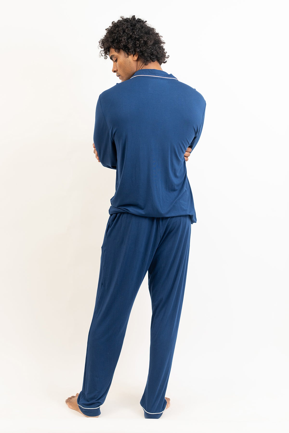 Men's long sleeves button down Pajama set-Navy
