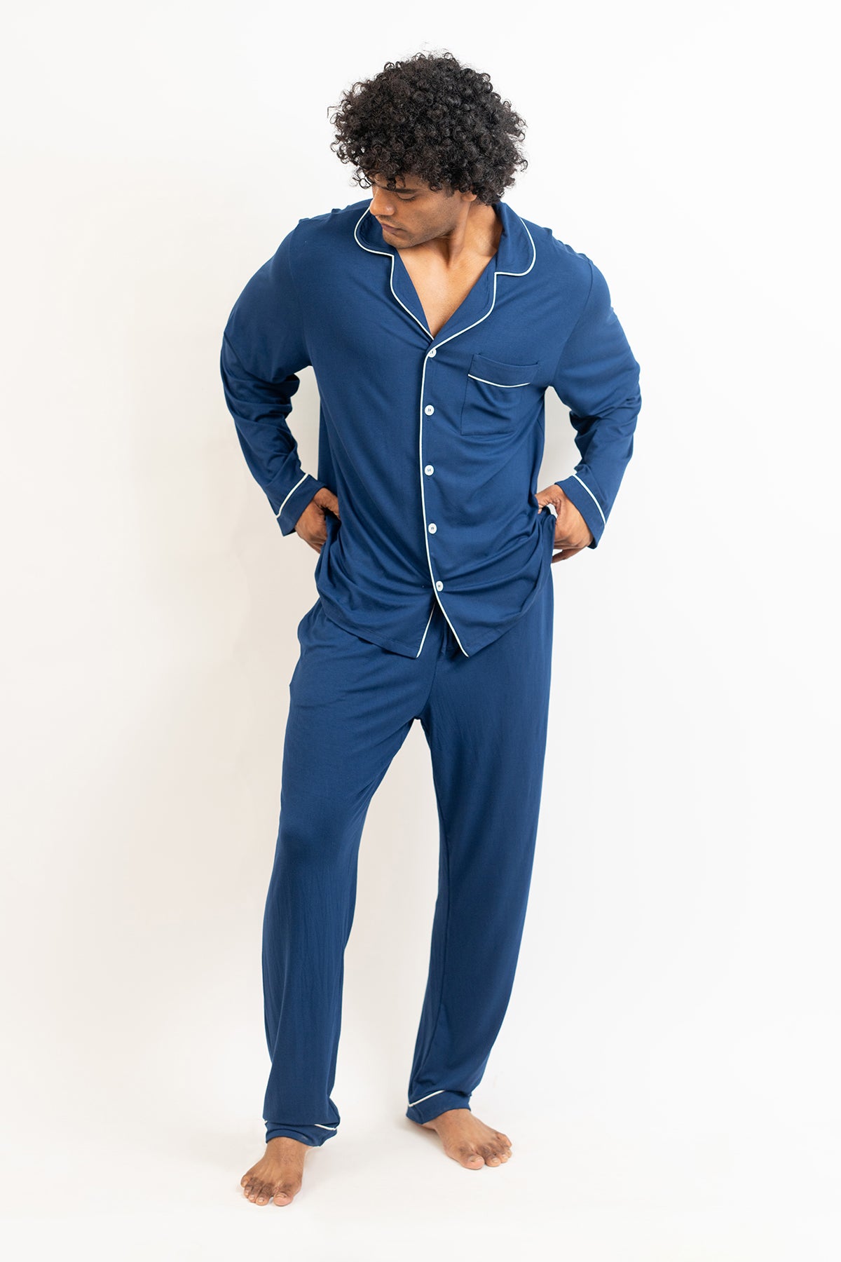 Men's long sleeves button down Pajama set-Navy