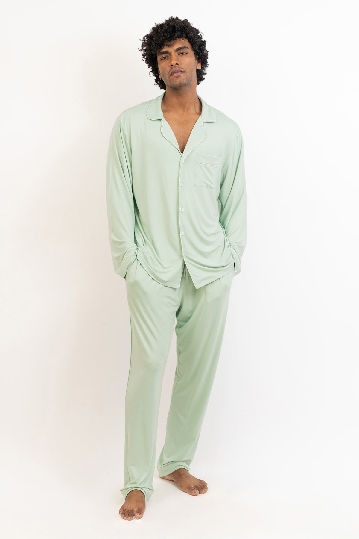 Men's long sleeves button down Pajama set-Bh Green
