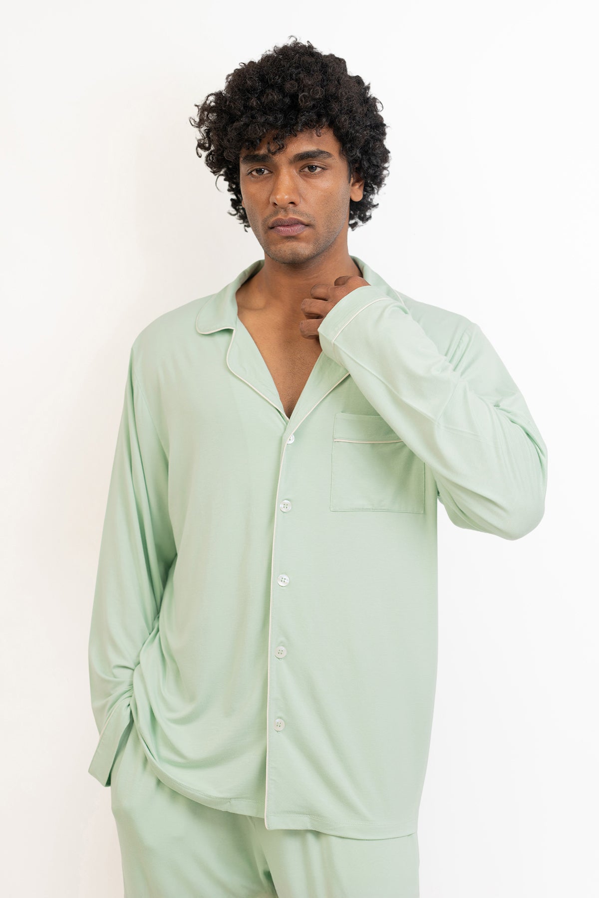 Men's long sleeves button down Pajama set-Bh Green