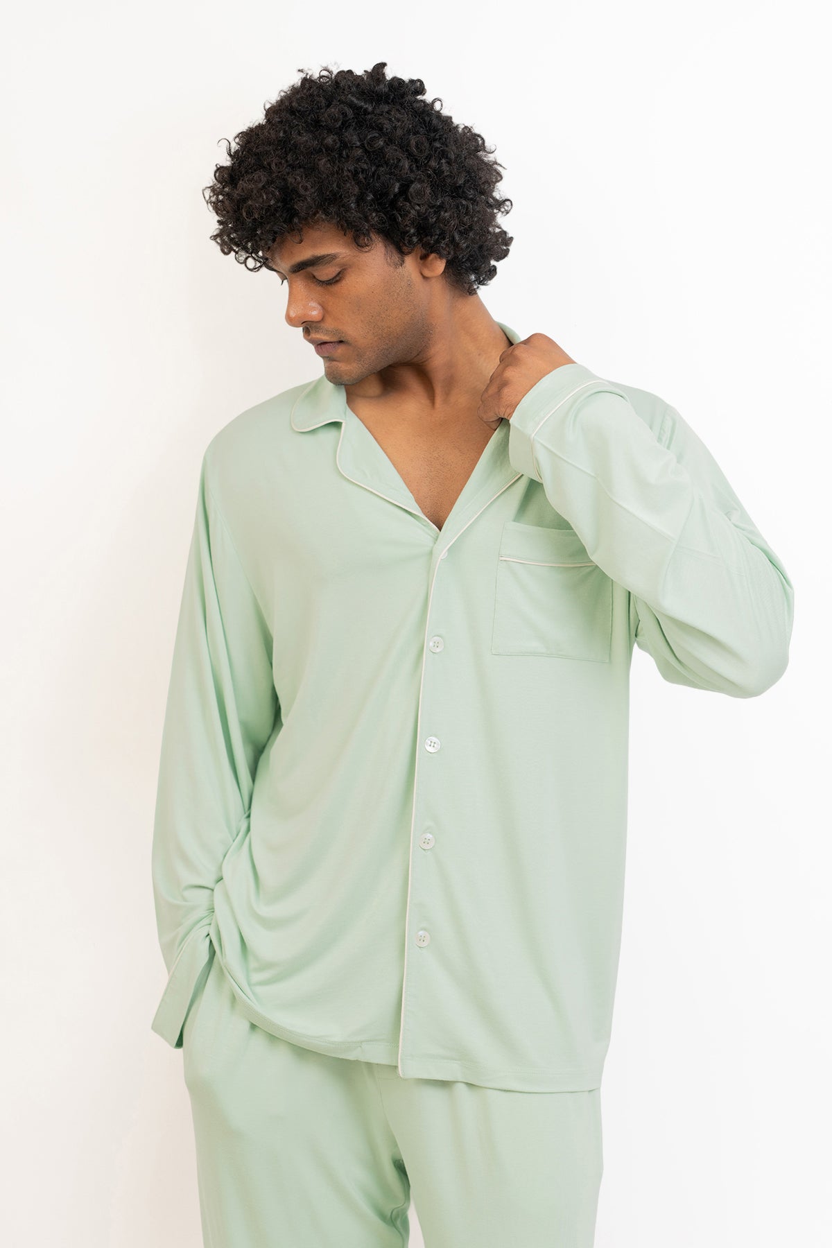 Men's long sleeves button down Pajama set-Bh Green