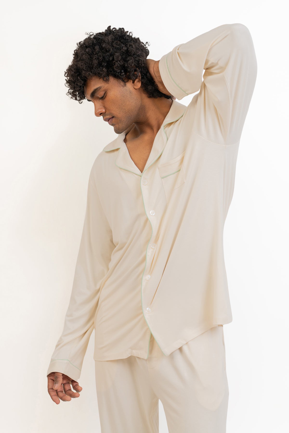 Men's long sleeves button down Pajama set-Cream