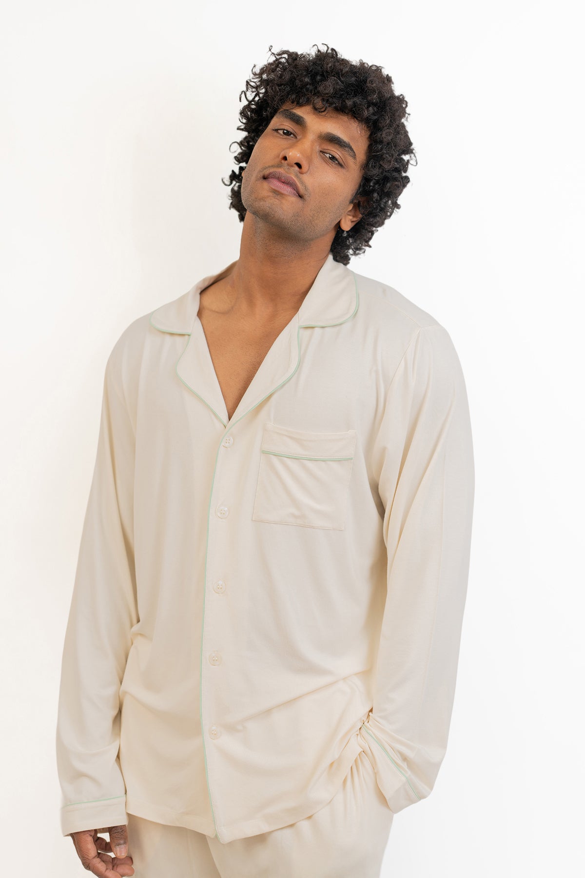 Men's long sleeves button down Pajama set-Cream