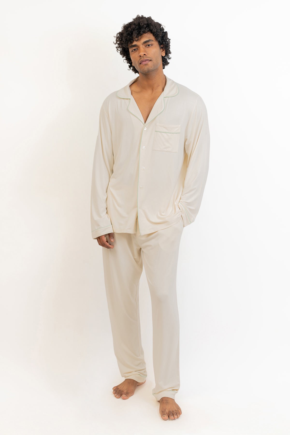 Men's long sleeves button down Pajama set-Cream