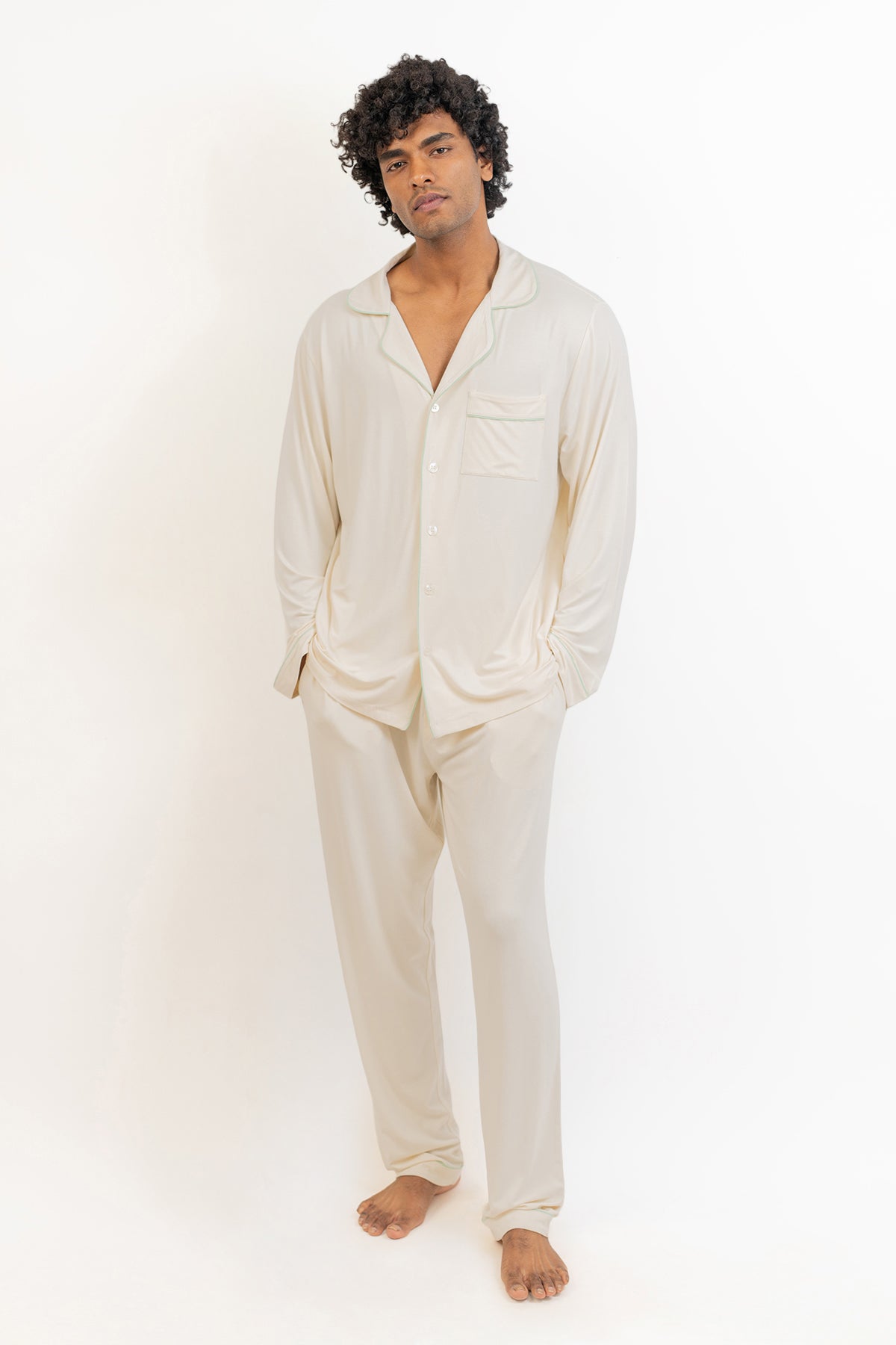 Men's long sleeves button down Pajama set-Cream