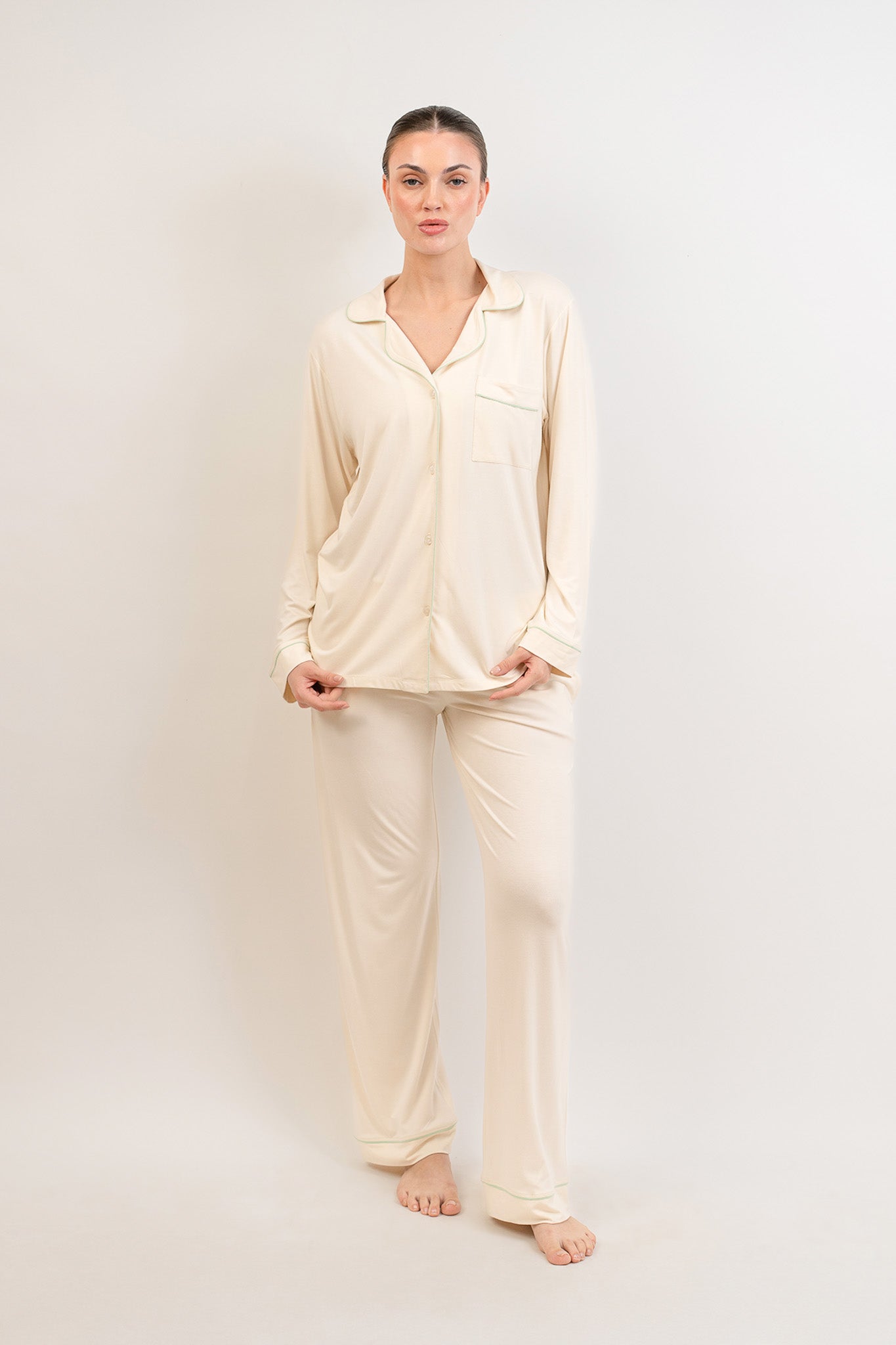 Women’s Bamboo long sleeves Pajama Set-Cream