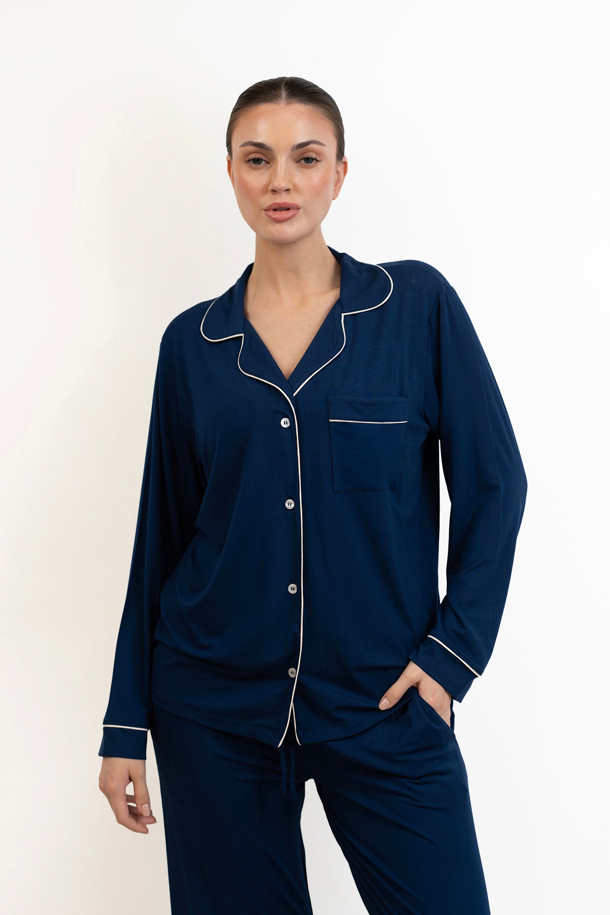Women’s Bamboo long sleeves Pajama Set-Navy