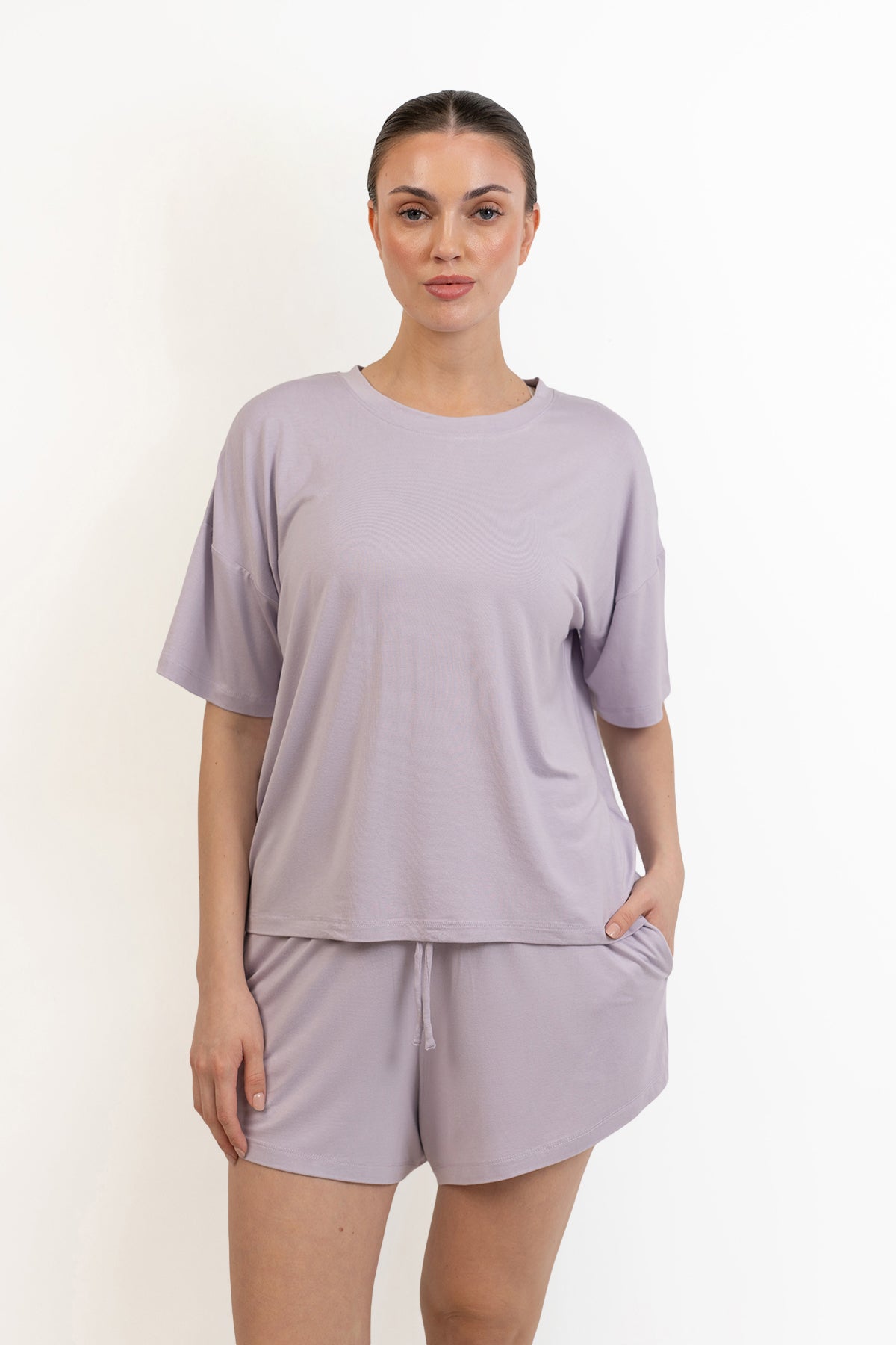 Women’s Bamboo Short-Sleeve Tee & lounge Short Set-Purple