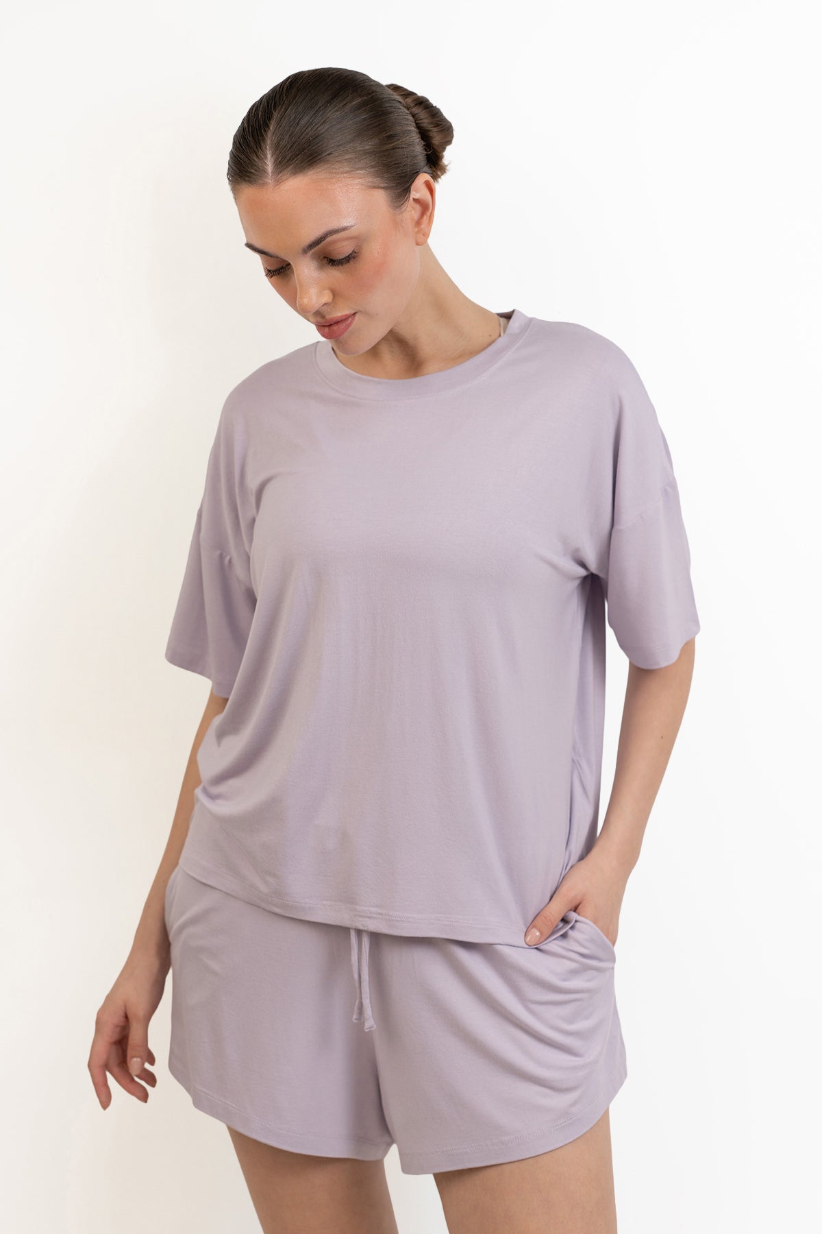 Women’s Bamboo Short-Sleeve Tee & lounge Short Set-Purple