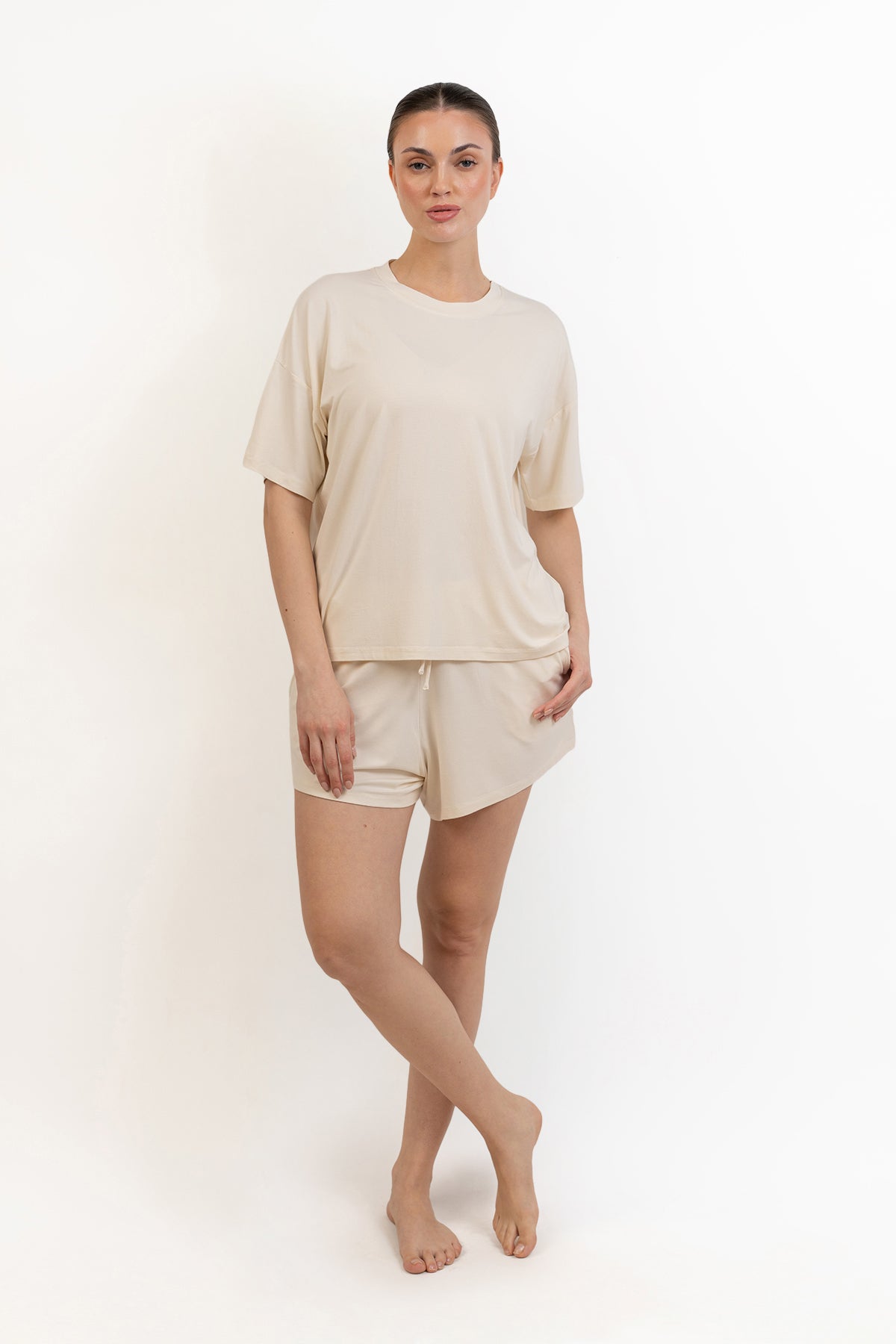 Women’s Bamboo Short-Sleeve Tee & lounge Short Set-Cream