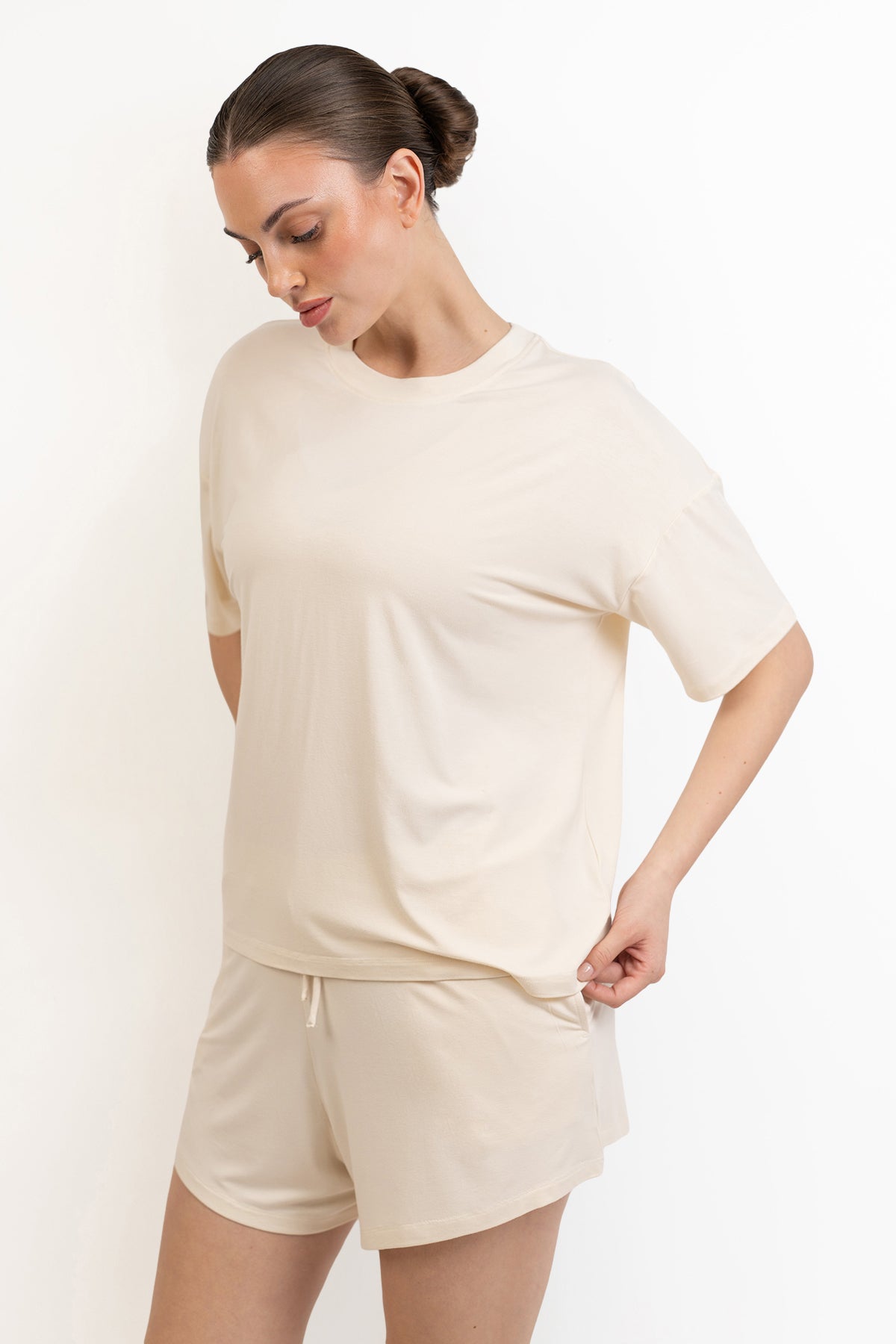 Women’s Bamboo Short-Sleeve Tee & lounge Short Set-Cream