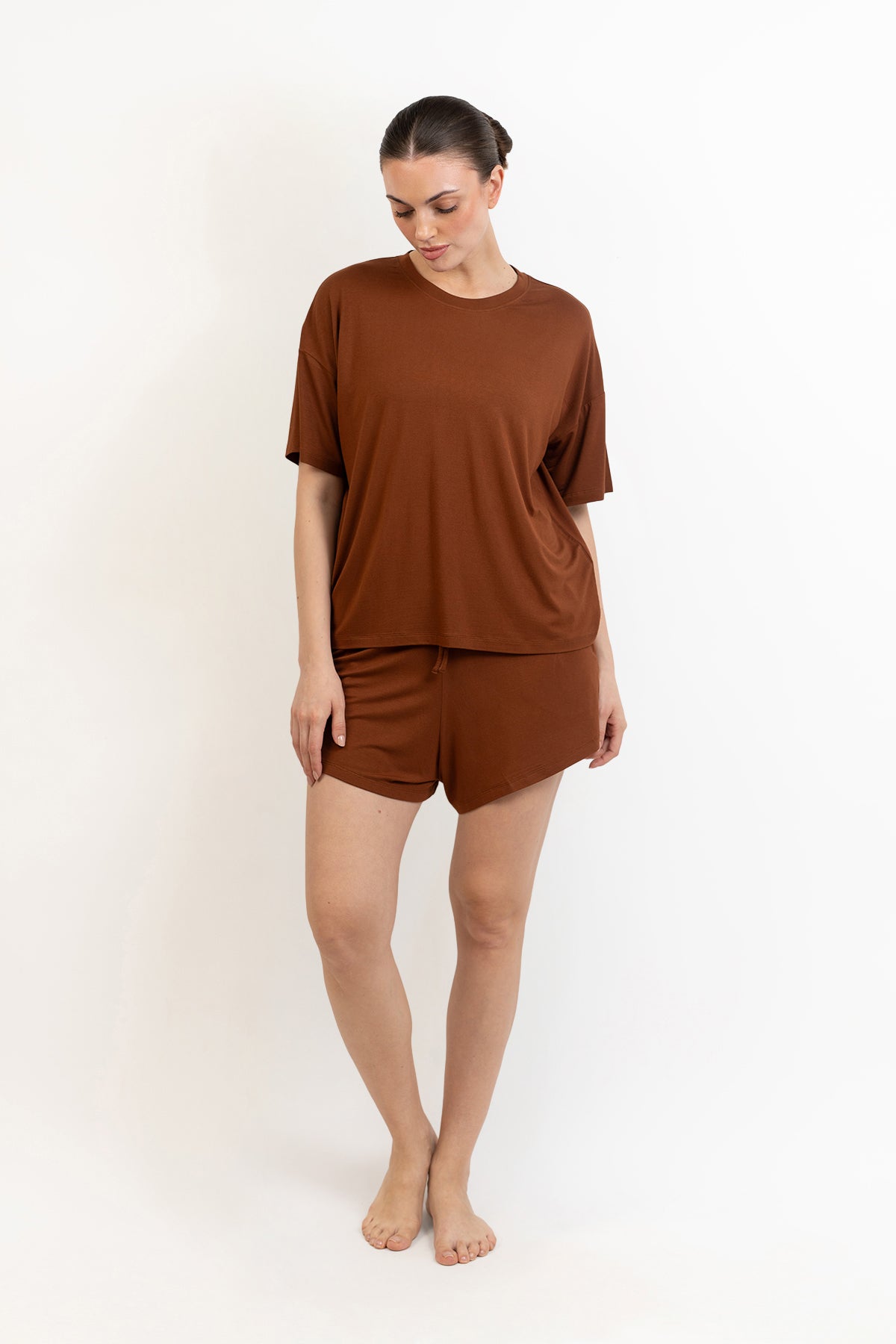 Women’s Bamboo Short-Sleeve Tee & lounge Short Set-Chocolate
