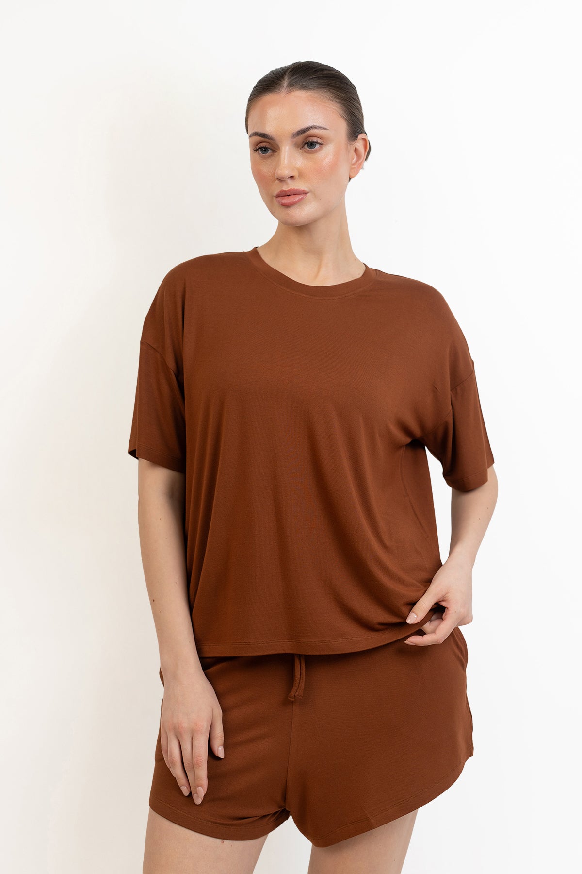Women’s Bamboo Short-Sleeve Tee & lounge Short Set-Chocolate