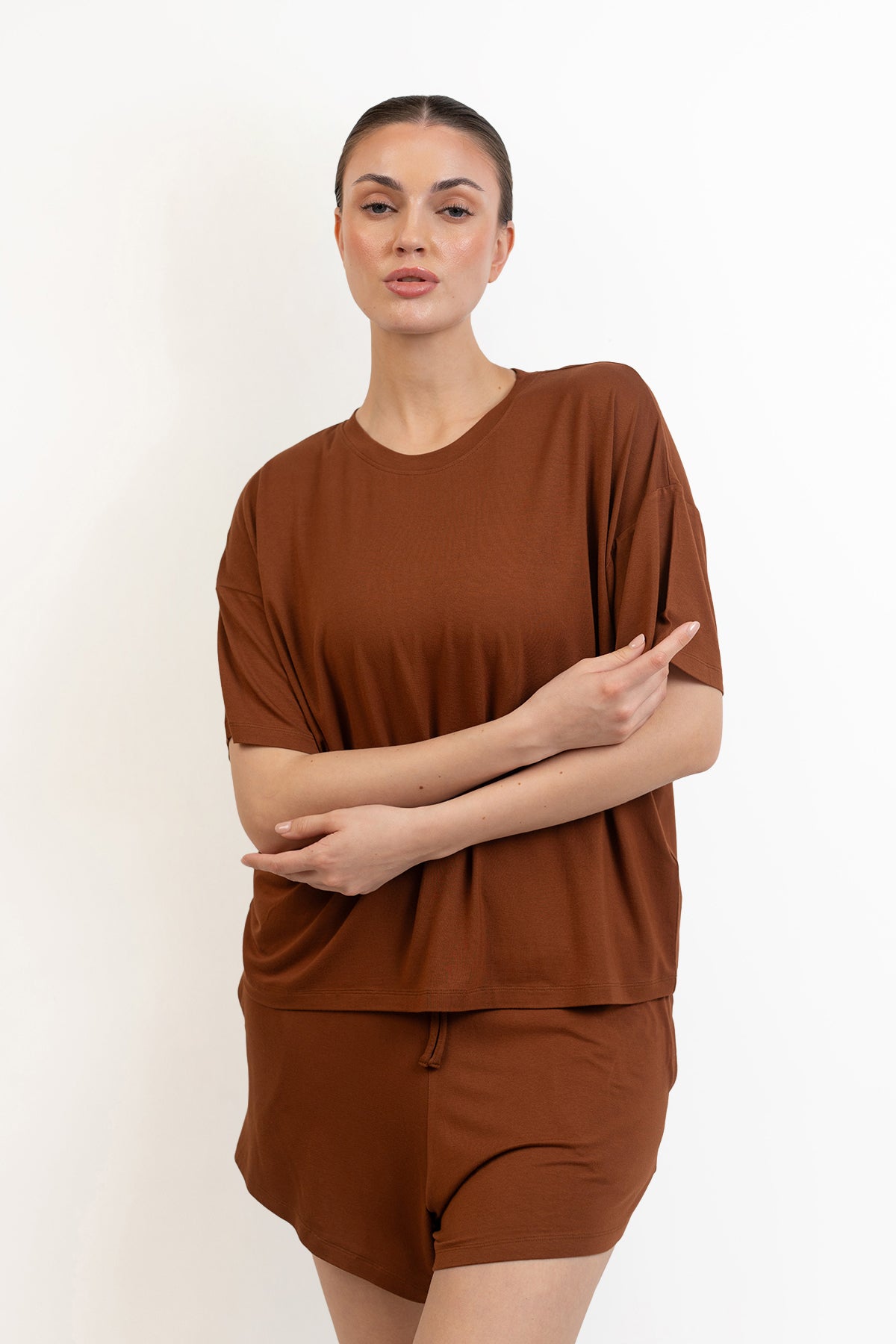 Women’s Bamboo Short-Sleeve Tee & lounge Short Set-Chocolate