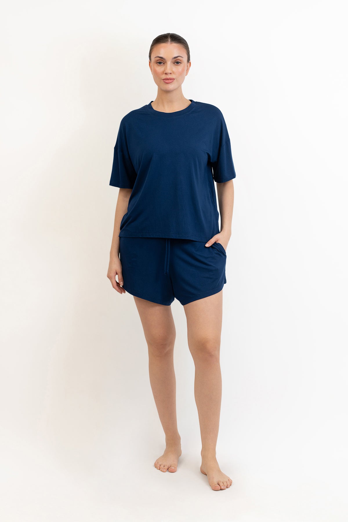 Women’s Bamboo Short-Sleeve Tee & lounge Short Set-Navy