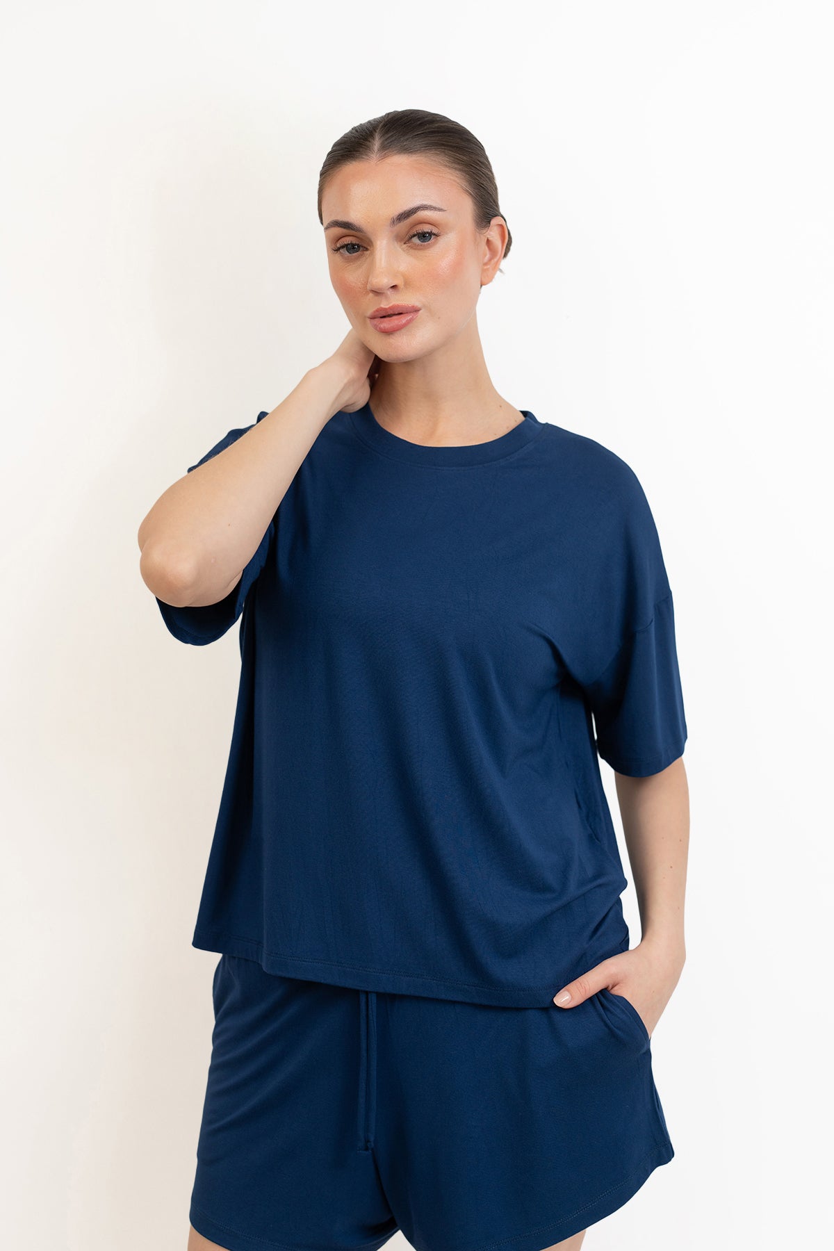 Women’s Bamboo Short-Sleeve Tee & lounge Short Set-Navy