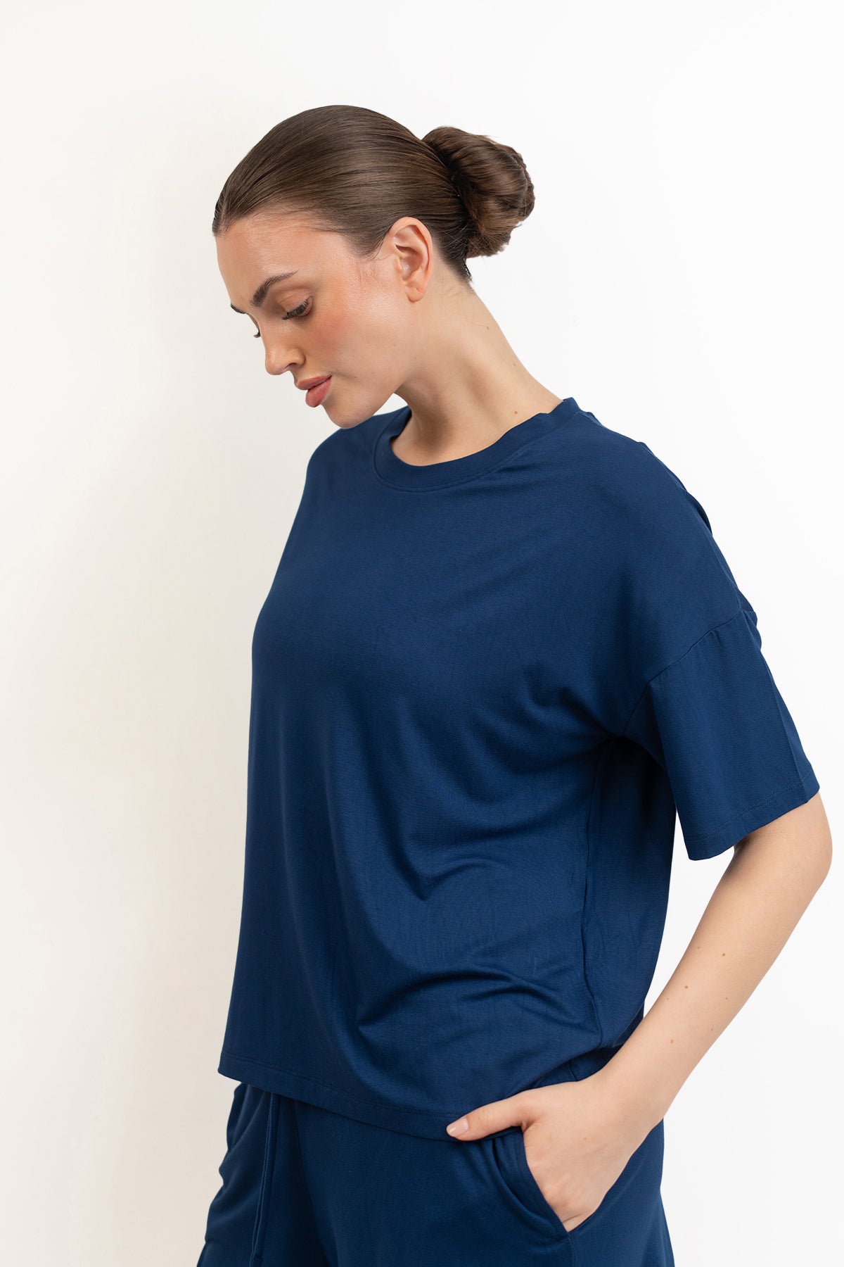 Women’s Bamboo Short-Sleeve Tee & lounge Short Set-Navy