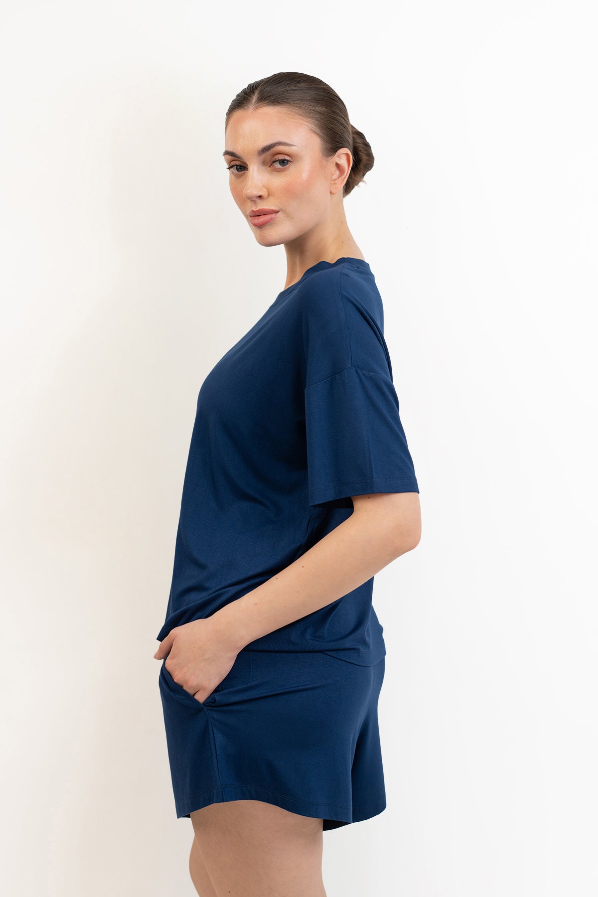 Women’s Bamboo Short-Sleeve Tee & lounge Short Set-Navy