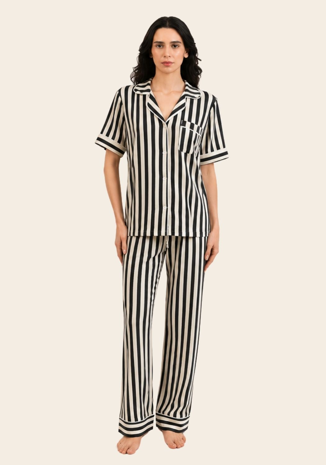 Women’s Bamboo Short Sleeves Pajama Set-Stripes-Black