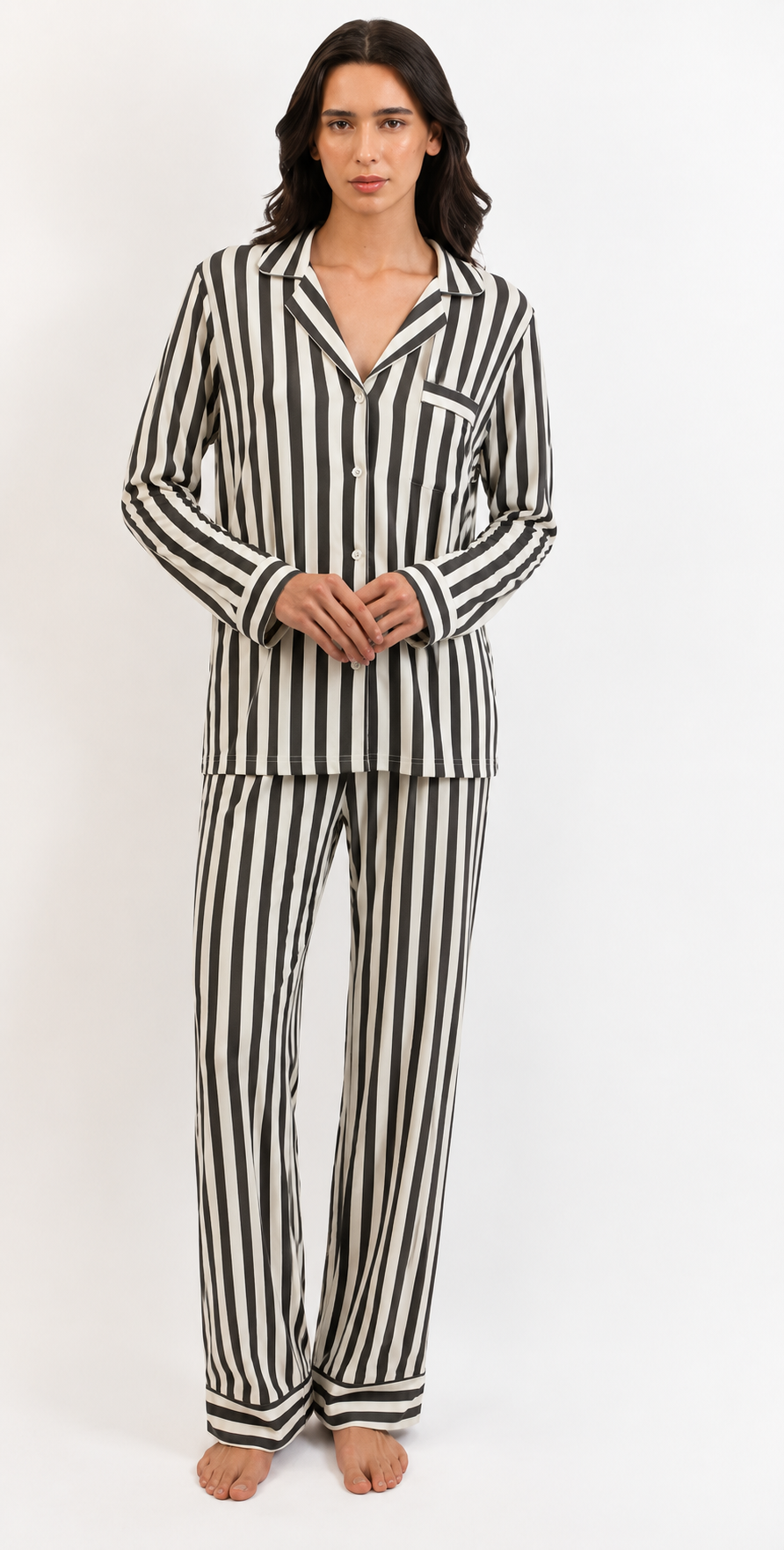 Women’s Bamboo Long Sleeves Pajama Set-Stripes-Black