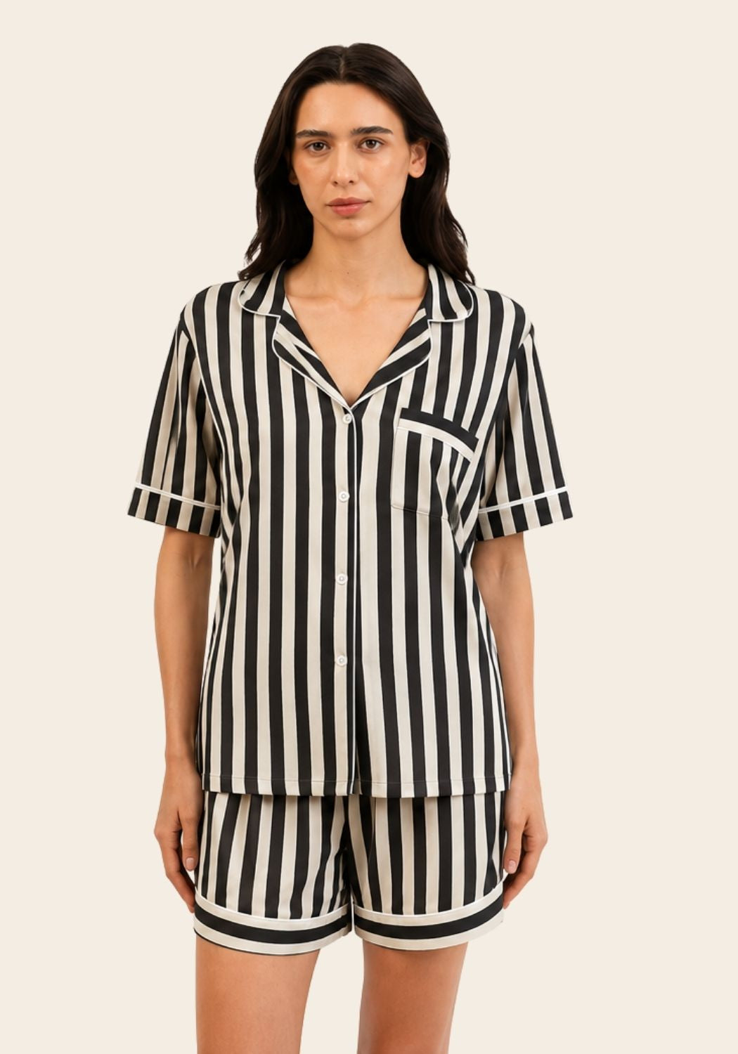 Women’s Bamboo Short-Sleeve Pajama Short Set-Stripes-Black