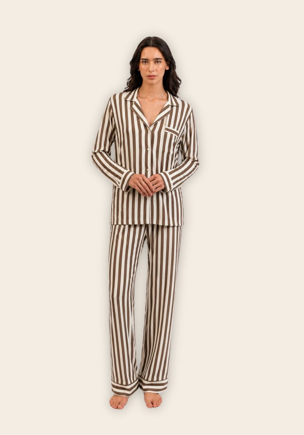 Women’s Bamboo Long Sleeves Pajama Set-Stripes-Brown