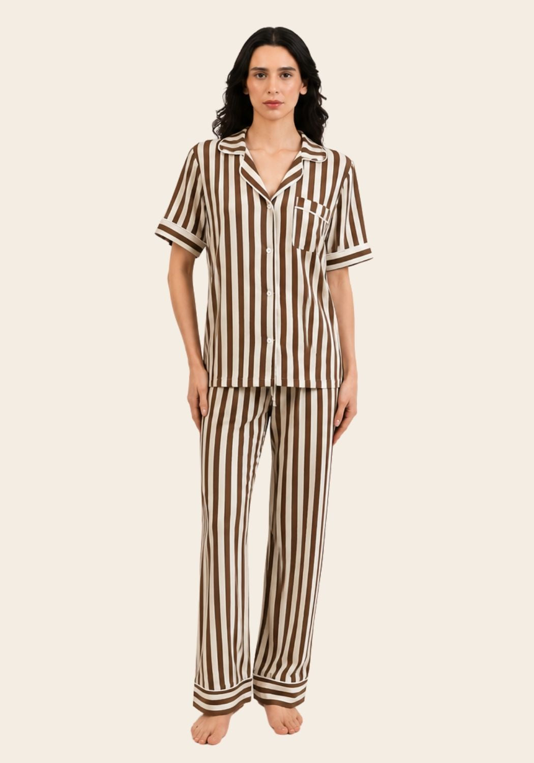 Women’s Bamboo Short Sleeves Pajama Set-Stripes-Brown