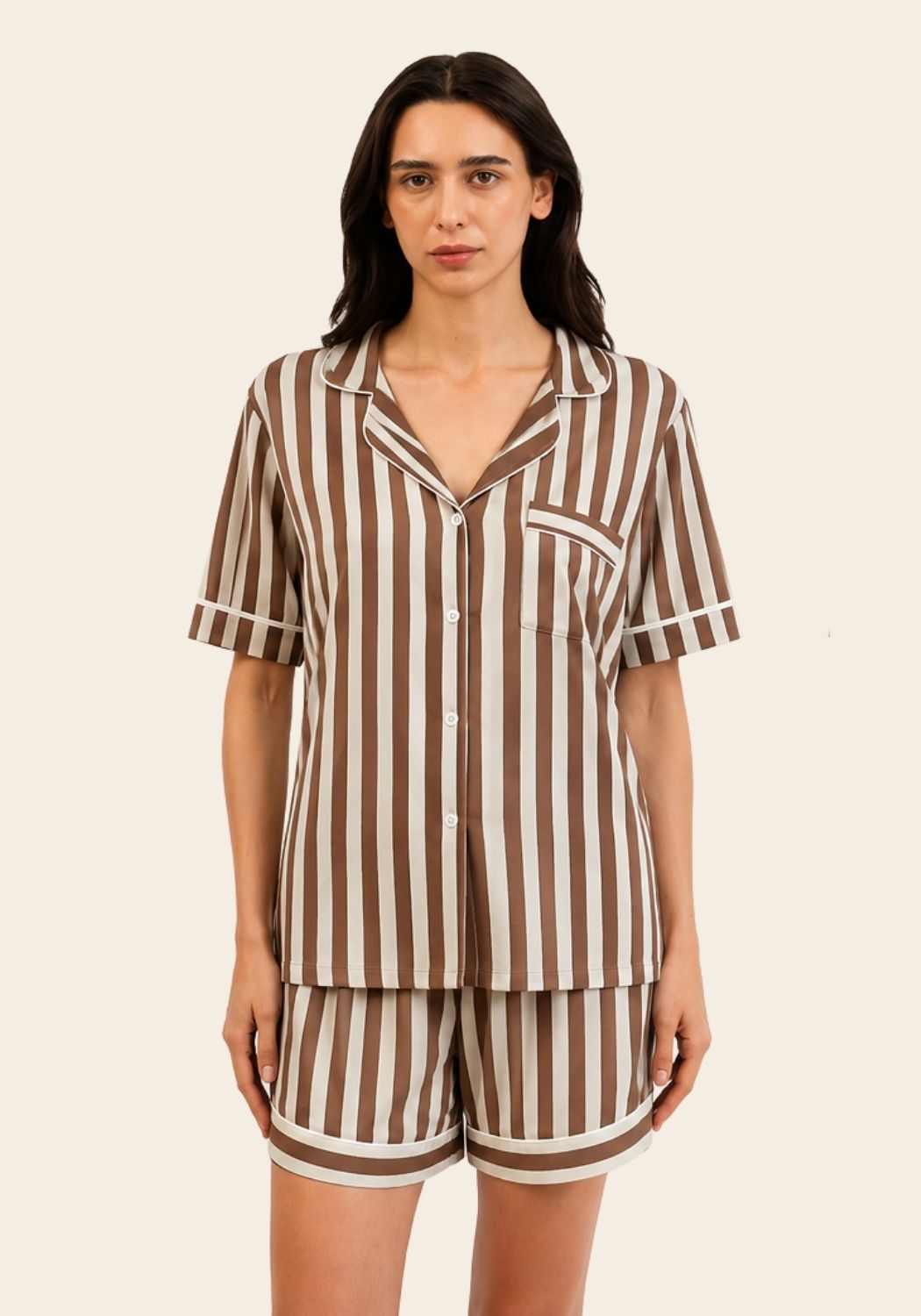 Women’s Bamboo Short-Sleeve Pajama Short Set-Stripes-Brown