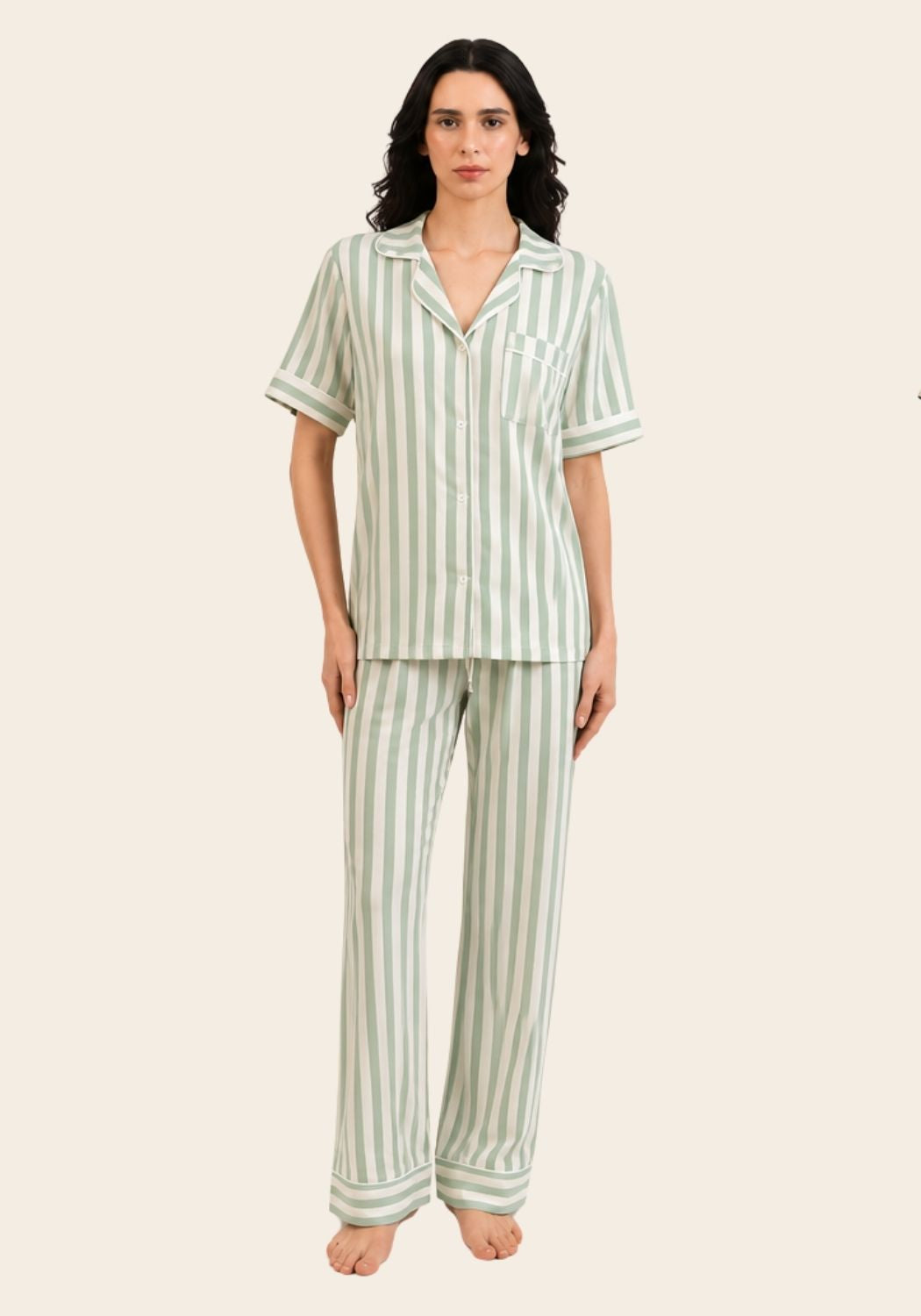 Women’s Bamboo Short Sleeves Pajama Set-Stripes-Green