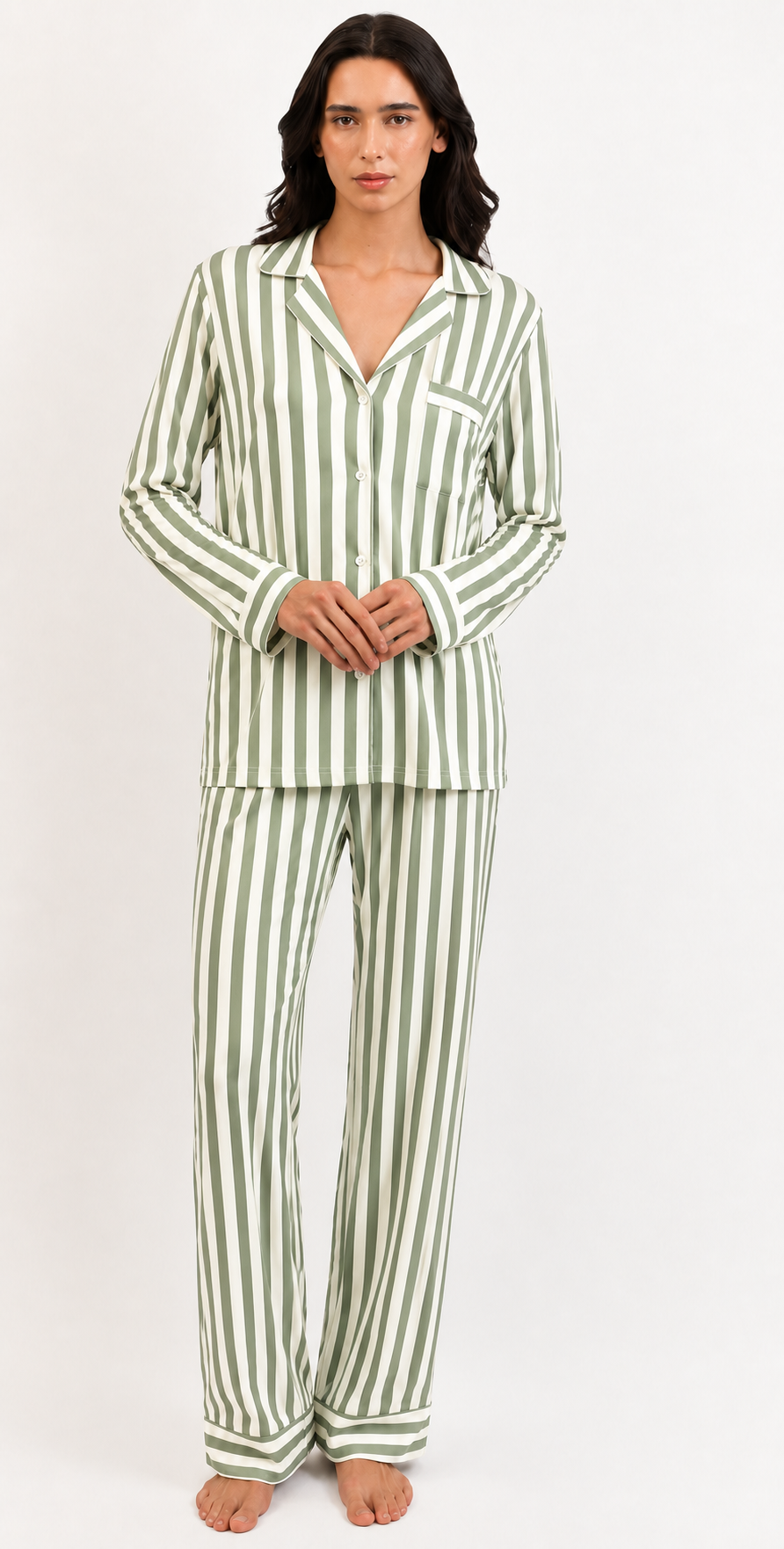 Women’s Bamboo Long Sleeves Pajama Set-Stripes-Green