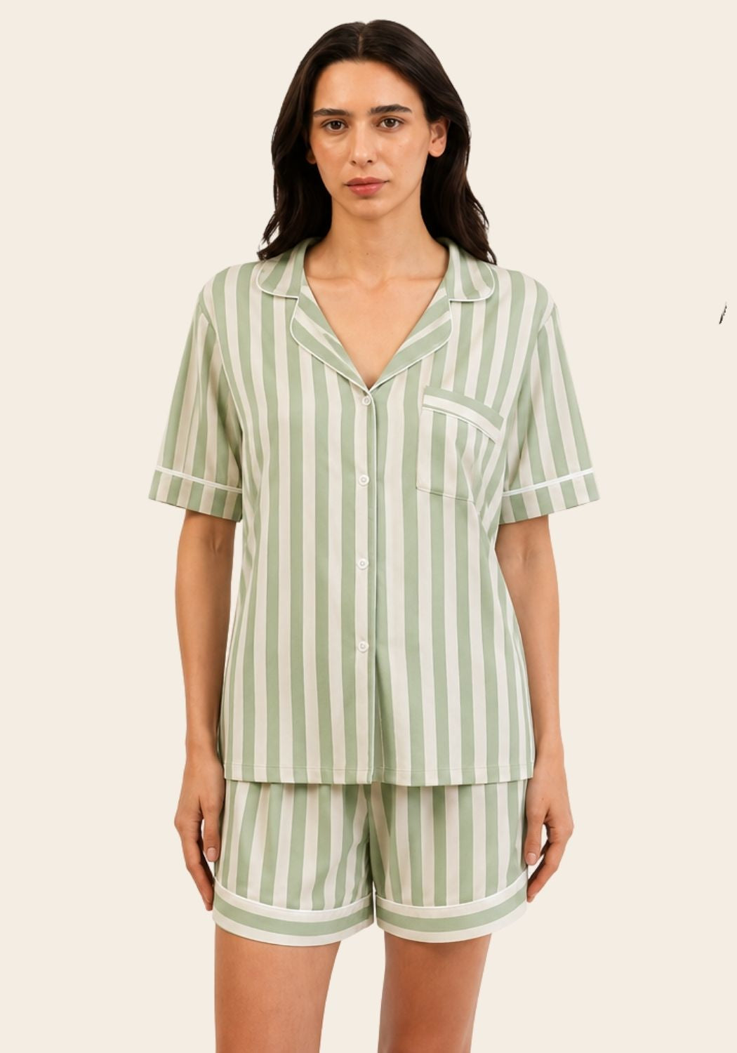 Women’s Bamboo Short-Sleeve Pajama Short Set-Stripes-Green